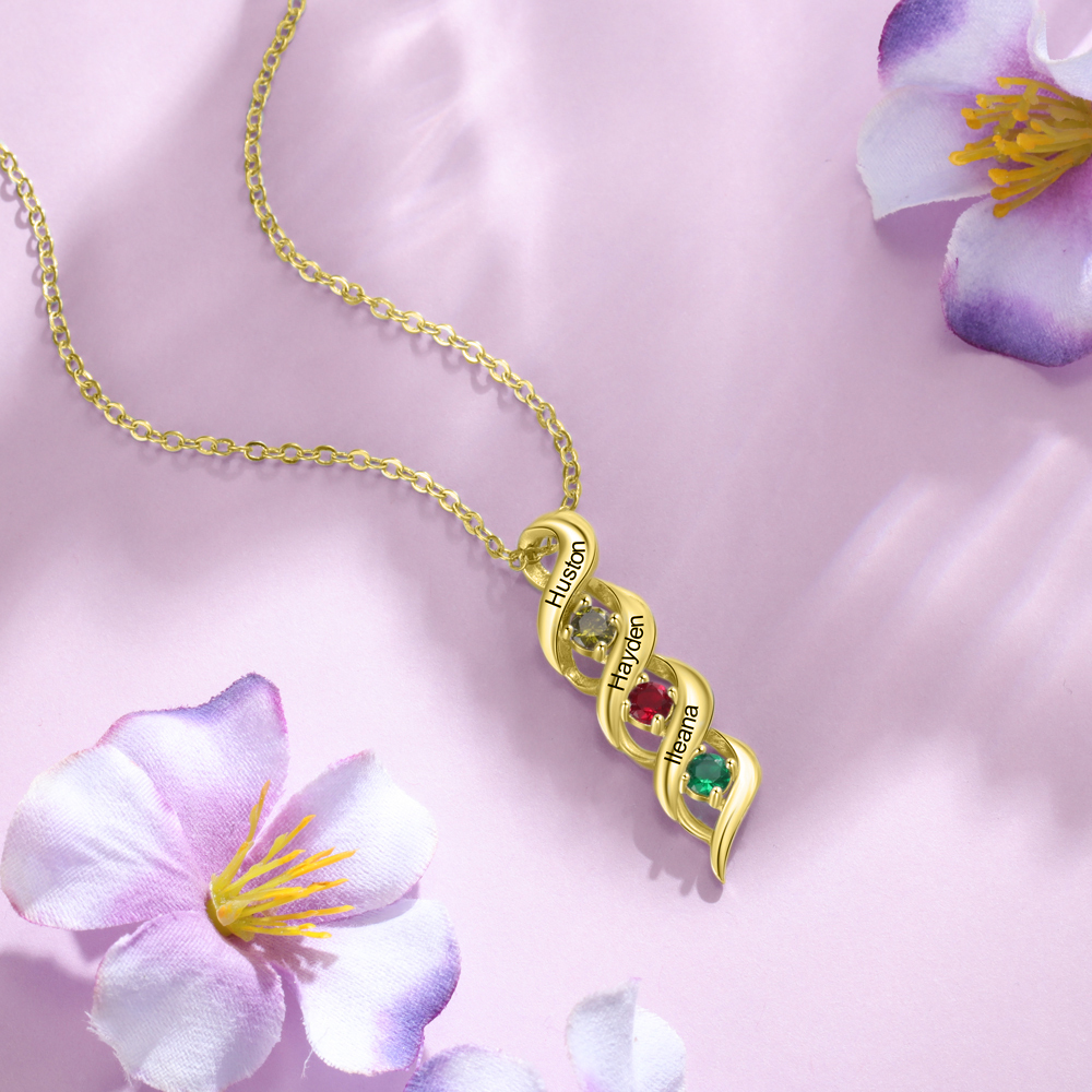 3 Names-Personalised Necklace Cascading Pendant with 3 Birthstones Engraving 3 Names Gifts for Her