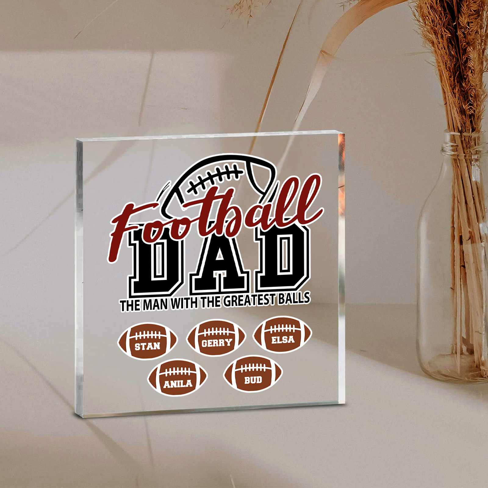 5 Names - Personalised Football Acrylic Keepsake Customized Name Acrylic Plaque Decoration Father's Day Gift for Dad