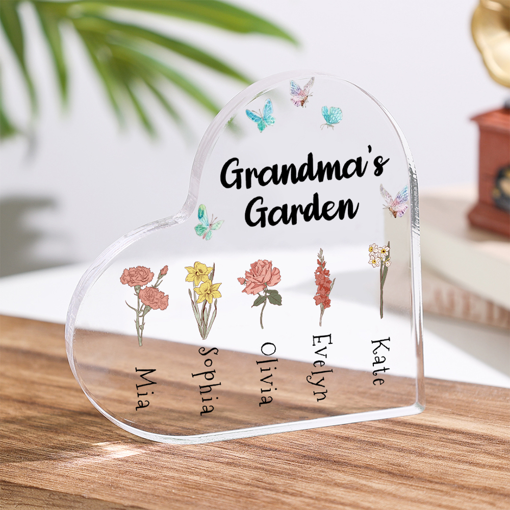 2 Names-Personalised Grandma's Garden Acrylic Customize Birthday Flowers Ornament Gifts-Special Heart Keepsake Desktop Ornament for Grandma