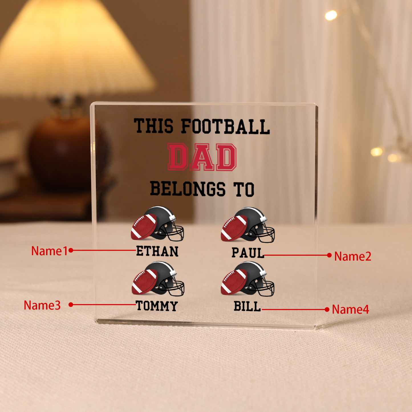 4 Names -Personalised Football Acrylic Keepsake Customized Name Acrylic Plaque Ornament Father's Day Gift for Dad