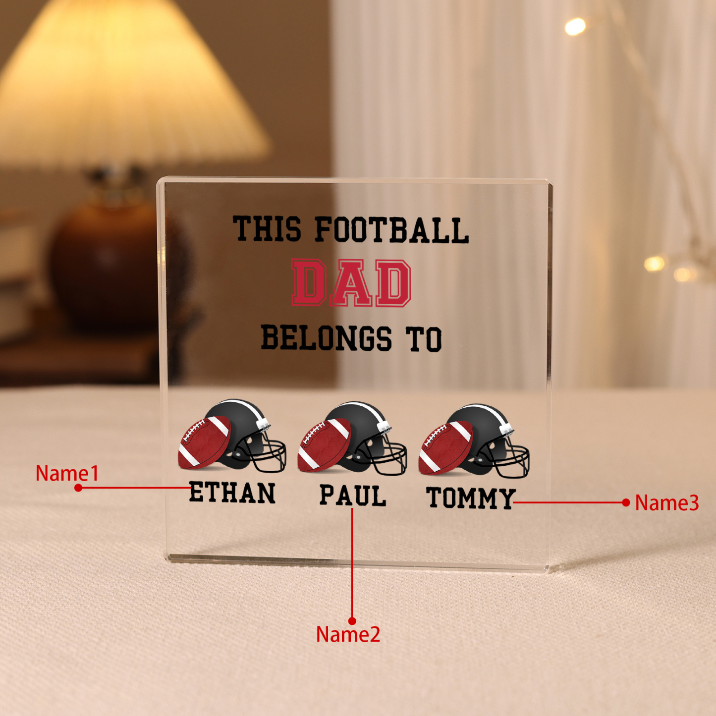 3 Names -Personalised Football Acrylic Keepsake Customized Name Acrylic Plaque Ornament Father's Day Gift for Dad