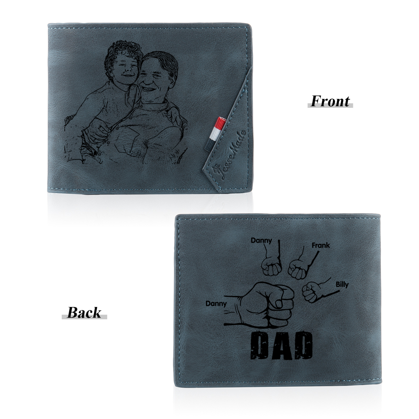 4 Names - Personalised Fist Bump Photo Custom Leather Men's Wallet as a Father's Day Gift for Dad
