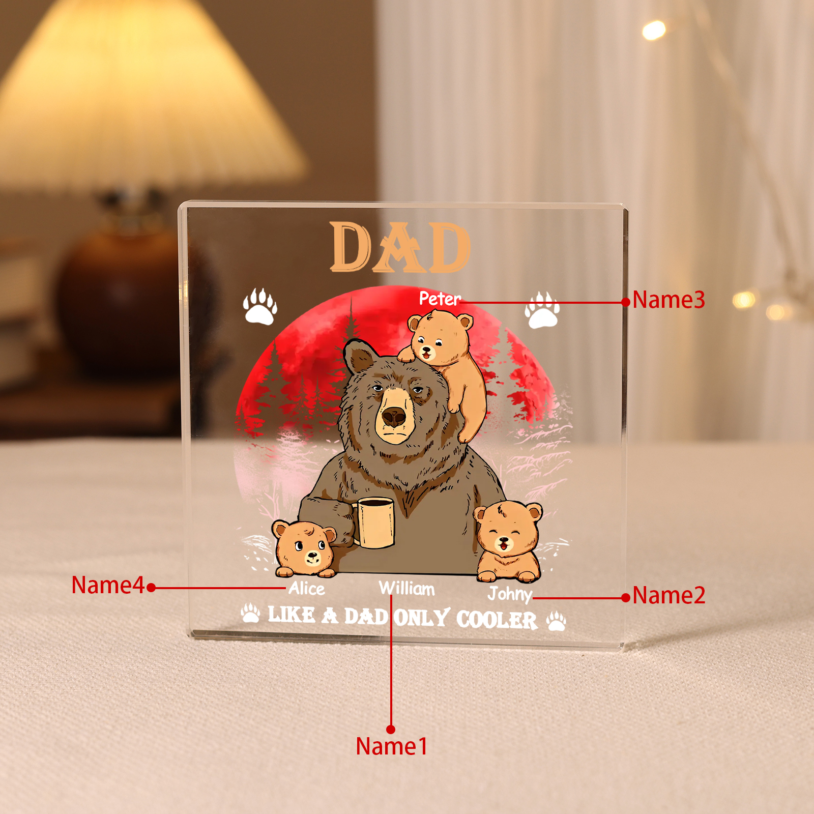 4 Names - Personalised Bear Family Pattern Custom Name Acrylic Square Ornament Father's Day Gift