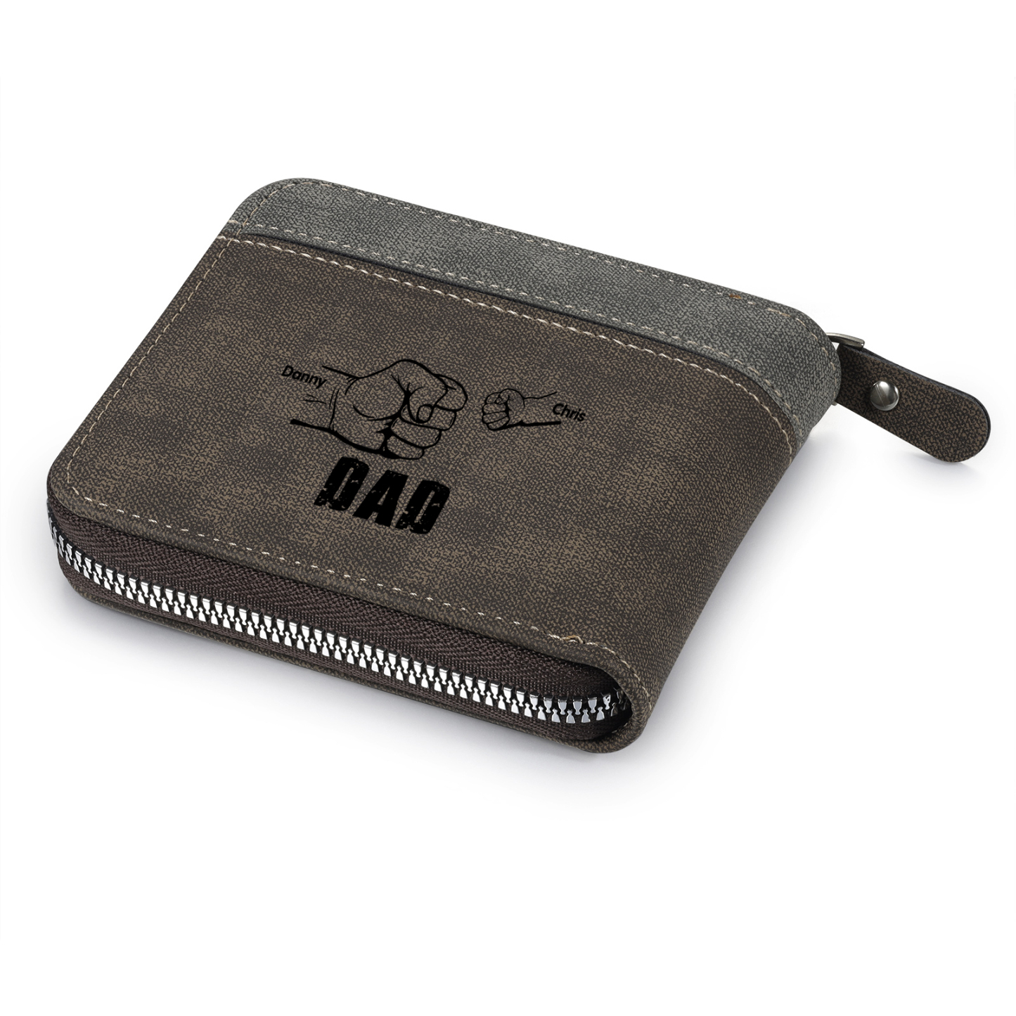 2 Names - Personalised Fist Bump Photo Custom Leather Men's Zipper Wallet as a Father's Day Gift for Dad