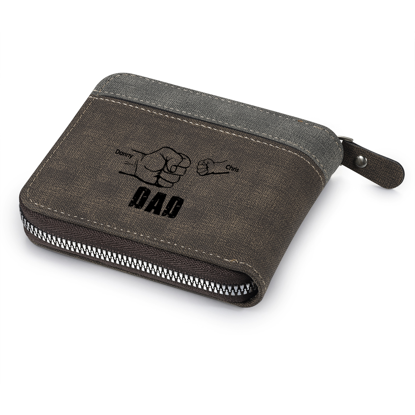 2 Names - Personalised Fist Bump Photo Custom Leather Men's Zipper Wallet as a Father's Day Gift for Dad
