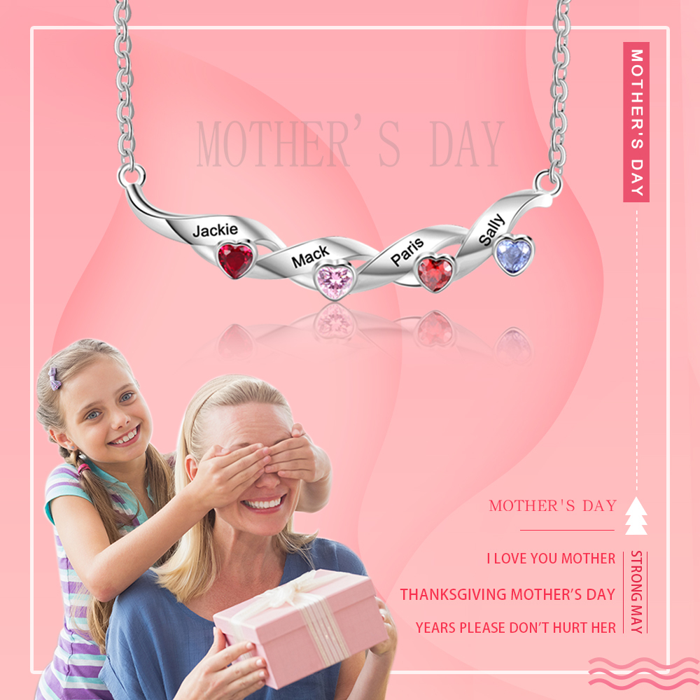 Mother's Day Gifts Customized Spiral Cascading Pendant Necklace with 4 Birthstones Engraving 4 Names
