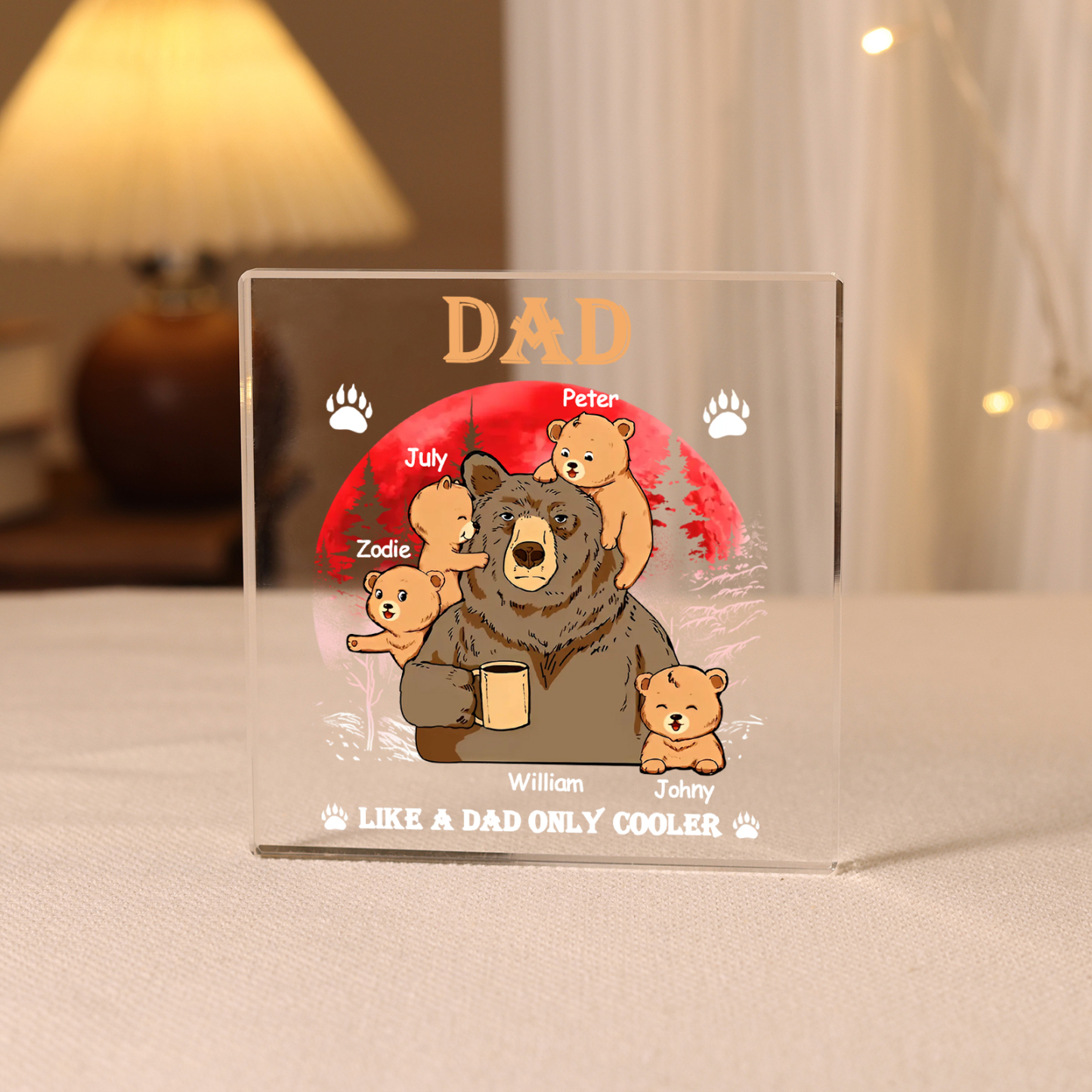 5 Names - Personalised Bear Family Pattern Custom Name Acrylic Square Ornament Father's Day Gift