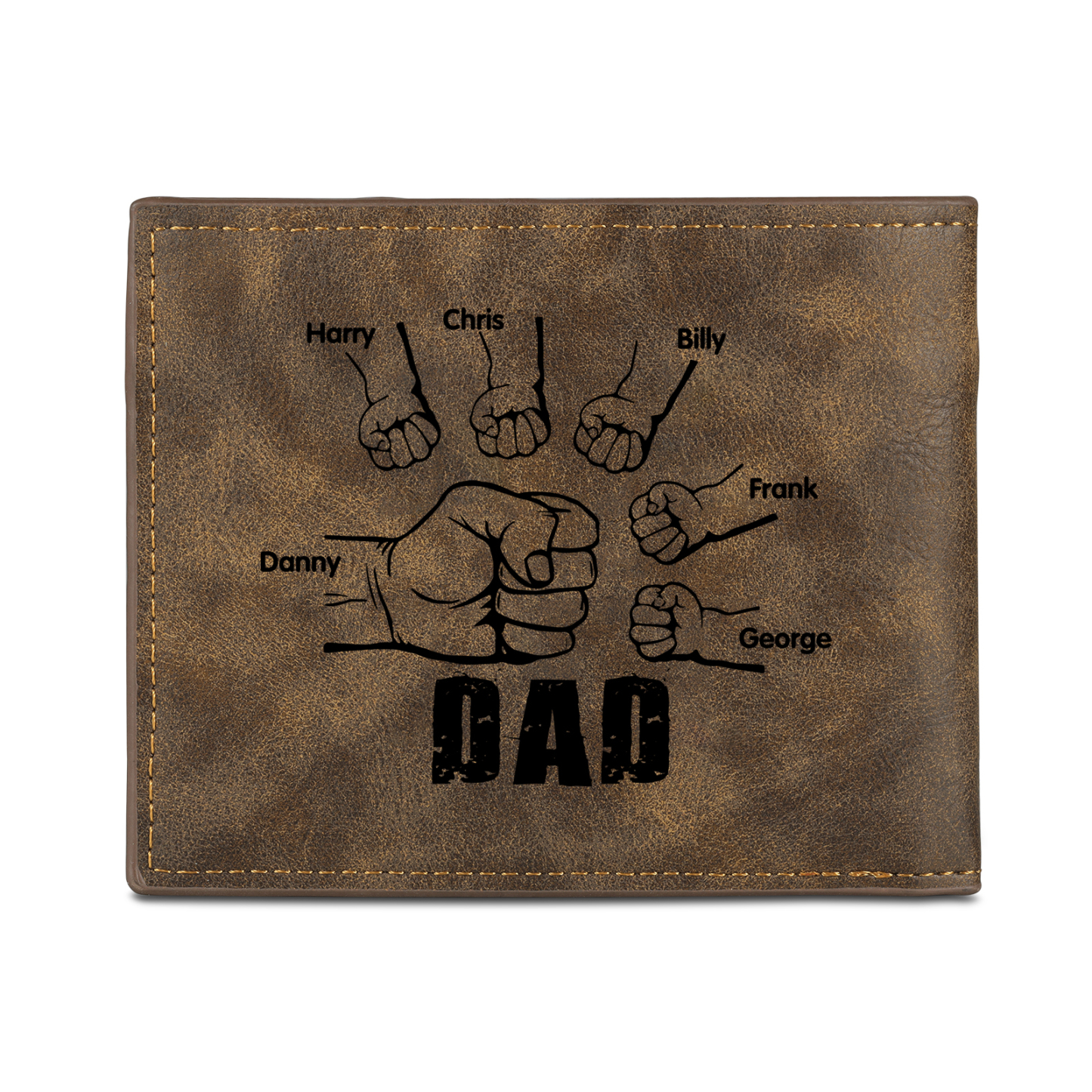 6 Names - Personalised Fist Bump Photo Custom Leather Men's Wallet as a Father's Day Gift for Dad