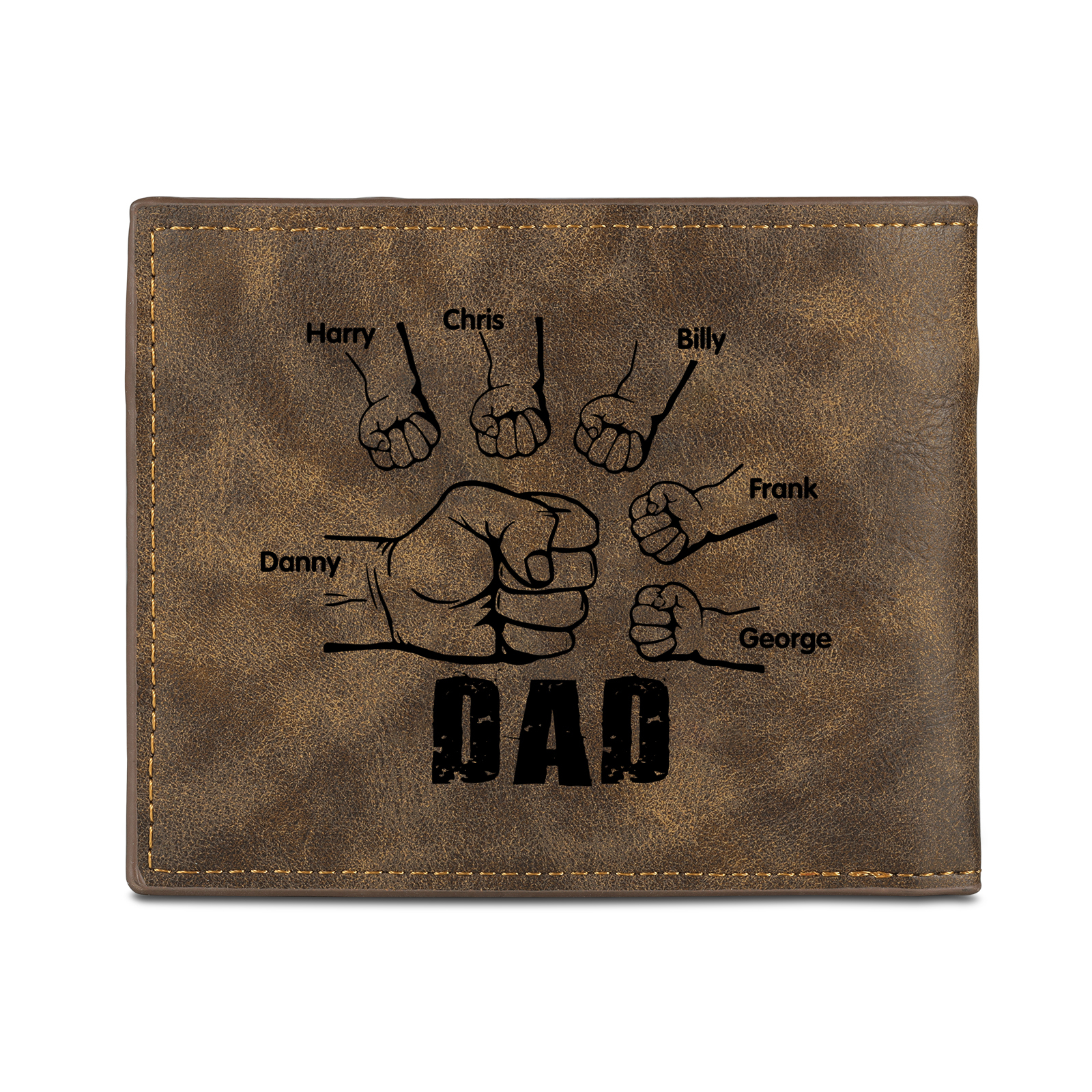 6 Names - Personalised Fist Bump Photo Custom Leather Men's Wallet as a Father's Day Gift for Dad