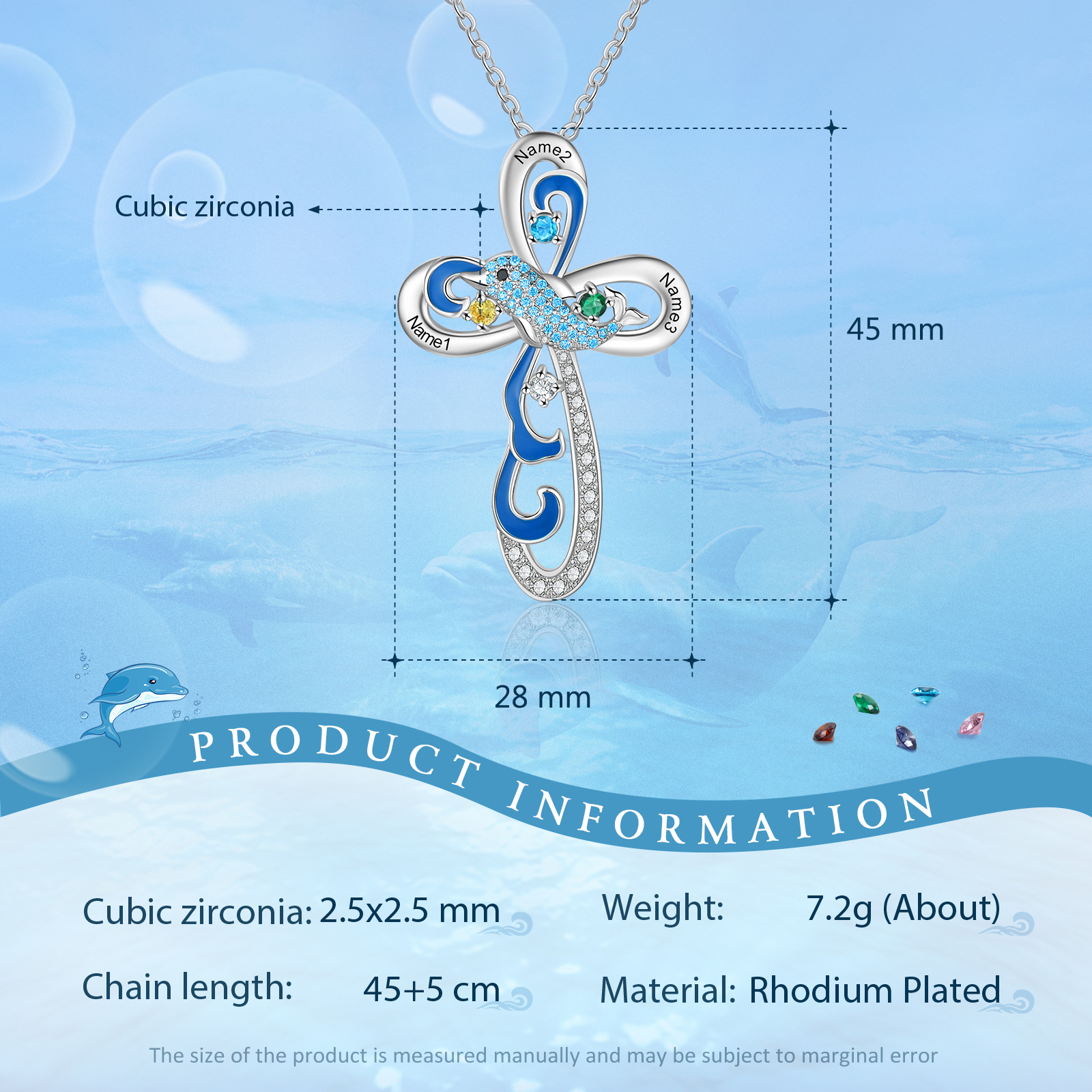 Personalized Dolphin Necklace With Names Custom 3 Birthstones Cross Necklace Gifts for Her