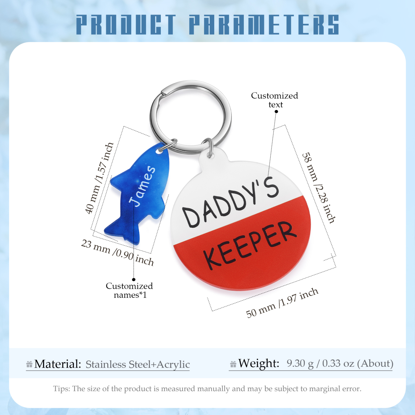 1 Name - Personalised Fish Keyring with Custom Text and Name Father's Day Gift for Dad