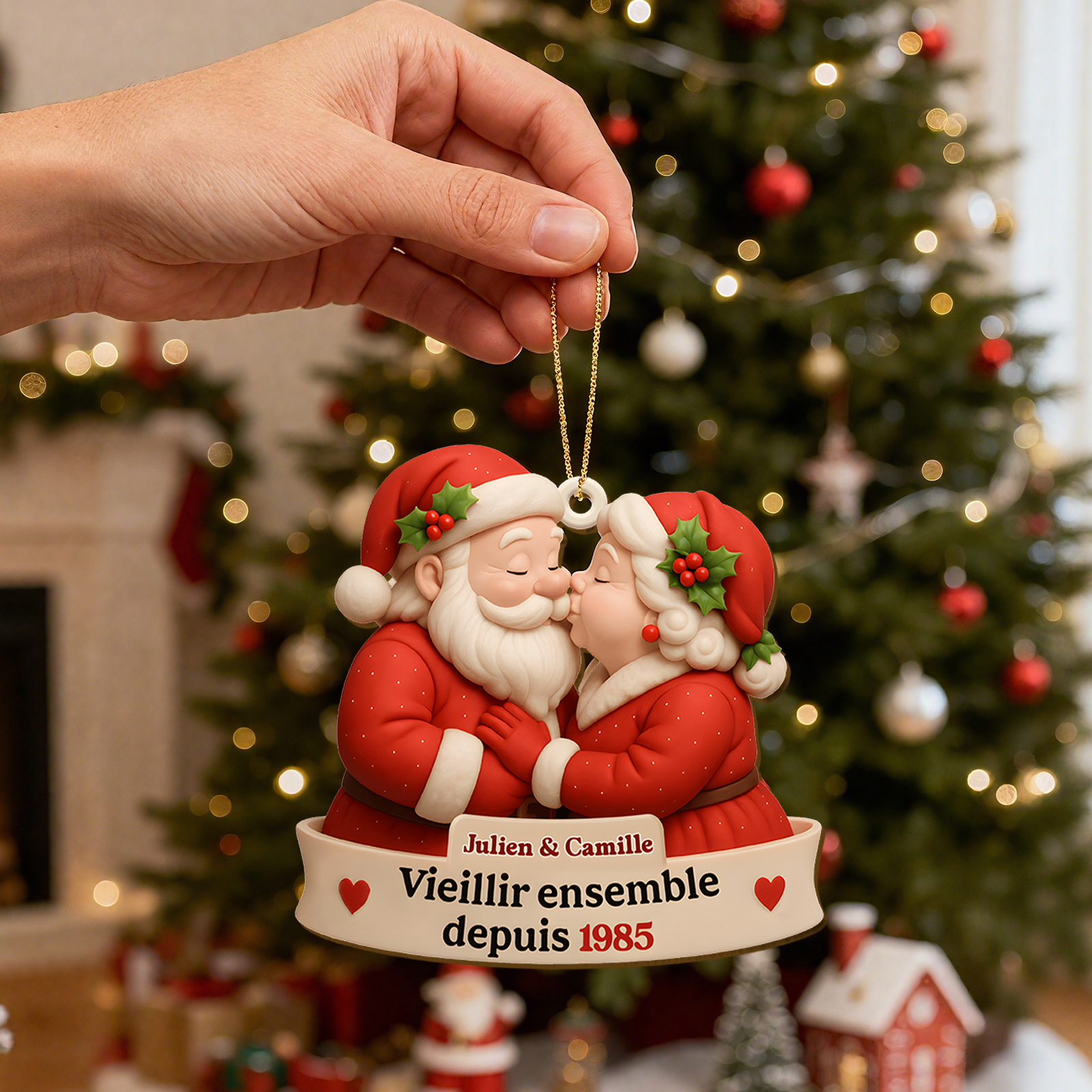 Personalised Kissing Santa Couple Wooden Ornament