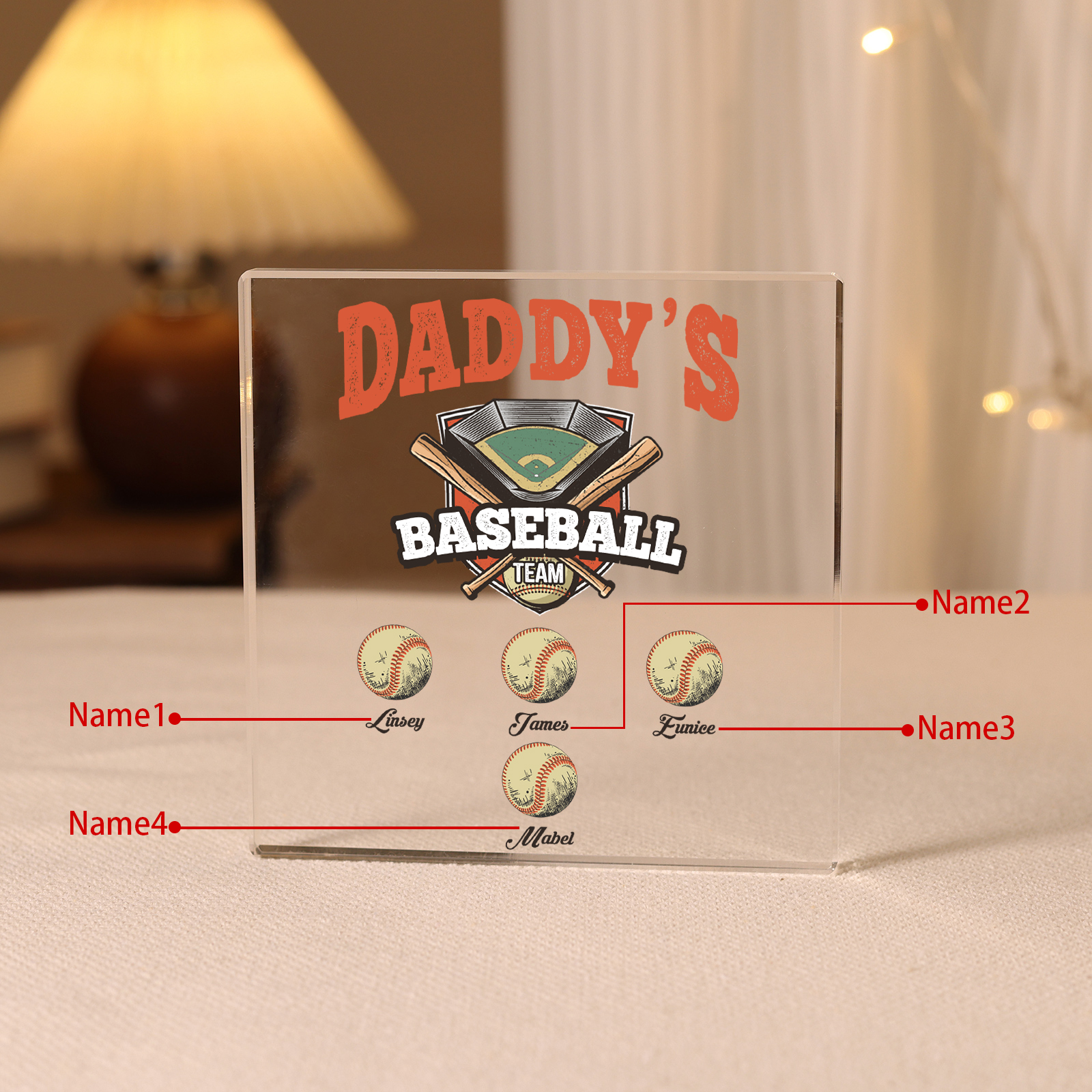 4 Names - Personalised Baseball Acrylic Keepsake Customized Name Acrylic Plaque Decoration Father's Day Gift for Dad
