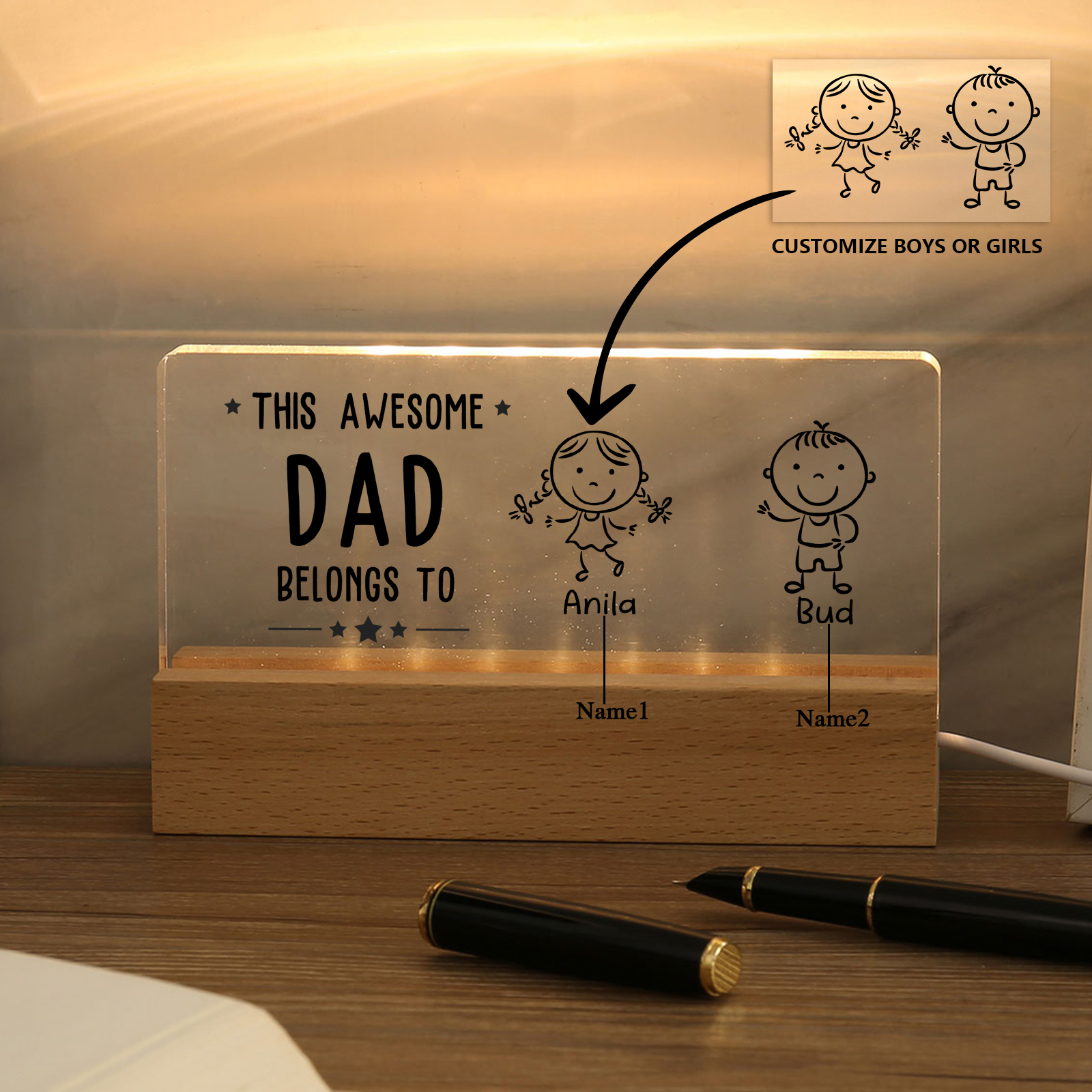2 Names & Doll Gender - Personalised Lamp -This Awesome Dad  Belongs To - Father's Day Gift for Dad