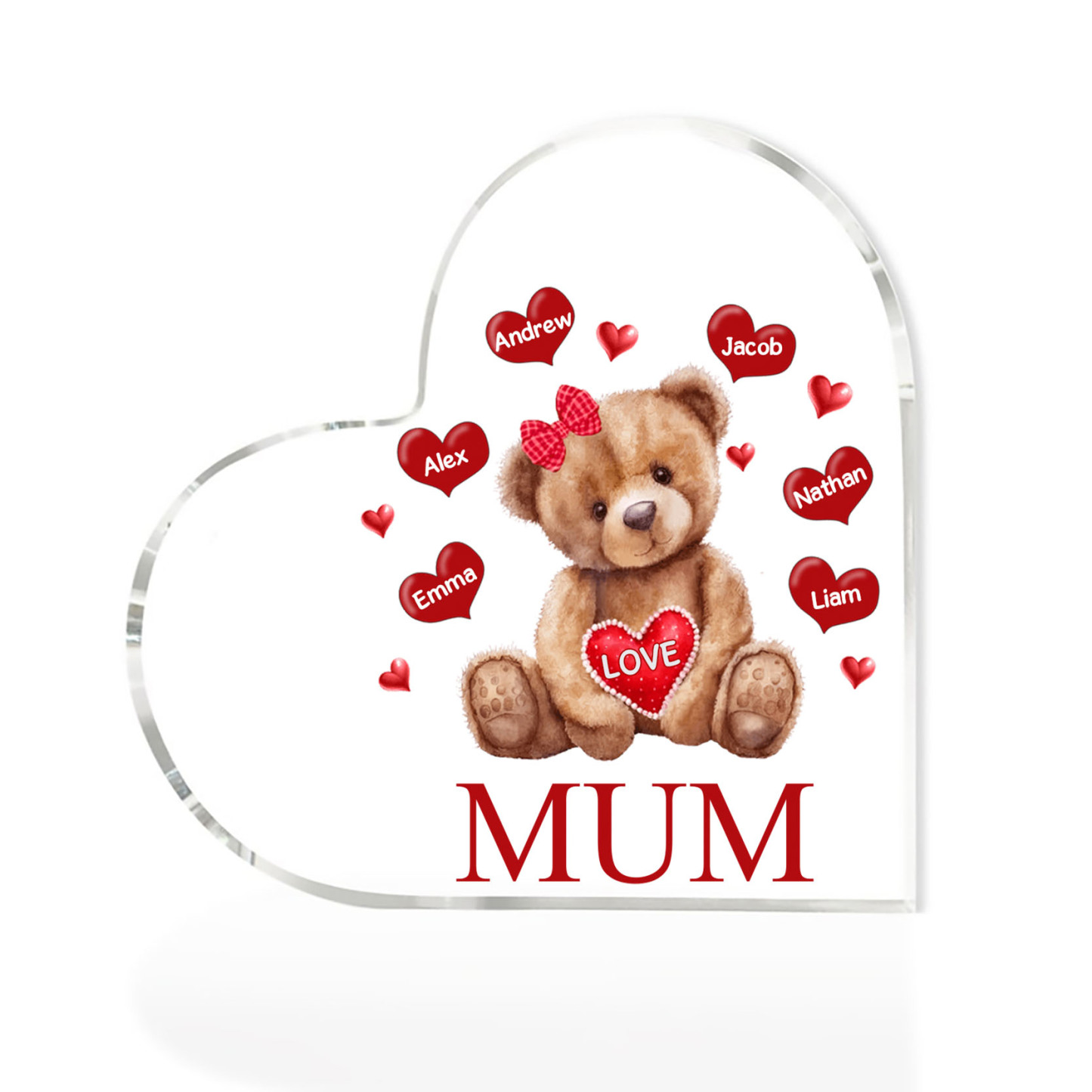 6 Names-Personalised Mum Acrylic Heart Keepsake Custom Text Love Teddy Bear Ornaments Gifts Set With Gift Box for Grandma/Mother