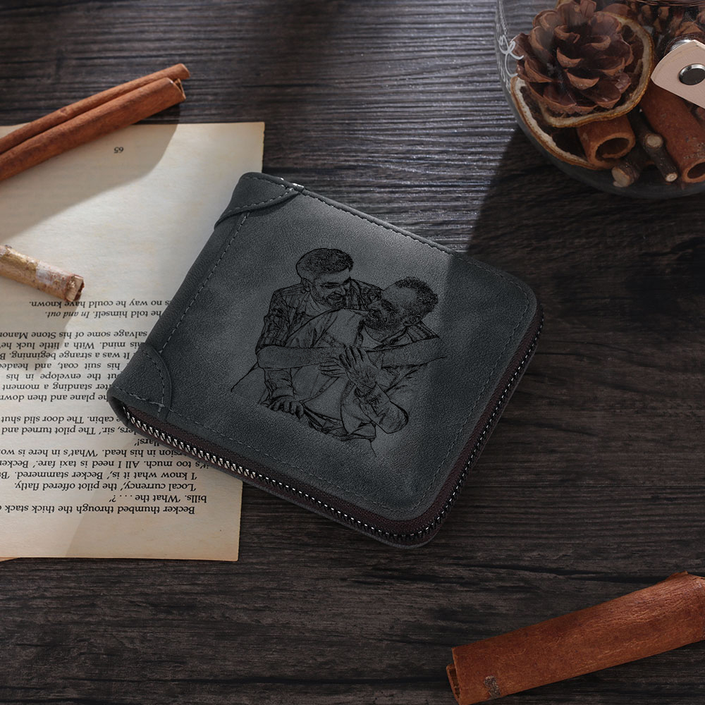 Photo Personalised Leather Zipper Men's Wallet Custom Text Fold Wallet With Gift Box for Dad