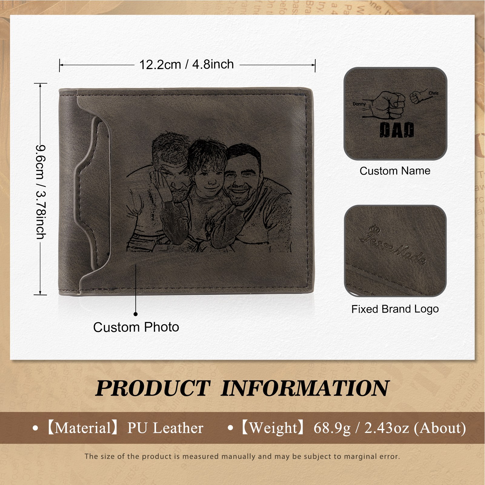 2 Names - Personalised Photo Custom Leather Men's Folding Wallet as a Father's Day Gift for Dad