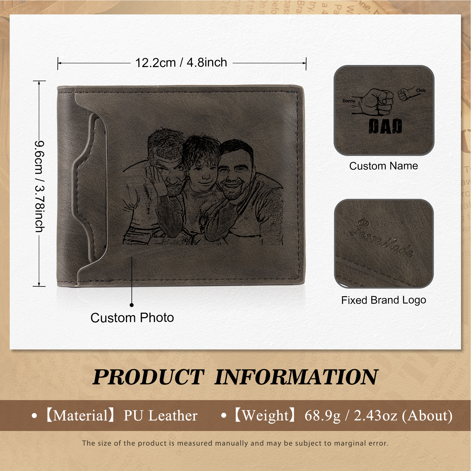 2 Names - Personalised Photo Custom Leather Men's Folding Wallet as a Father's Day Gift for Dad