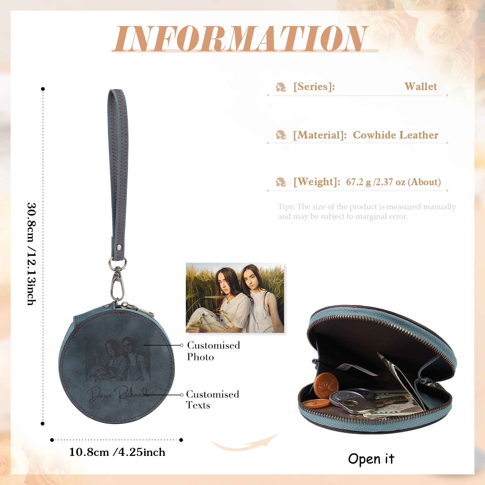 Custom Purse-Personalised Photo Quality Leather Round Zipper Wallet Custom Text Wallet Gift for Her