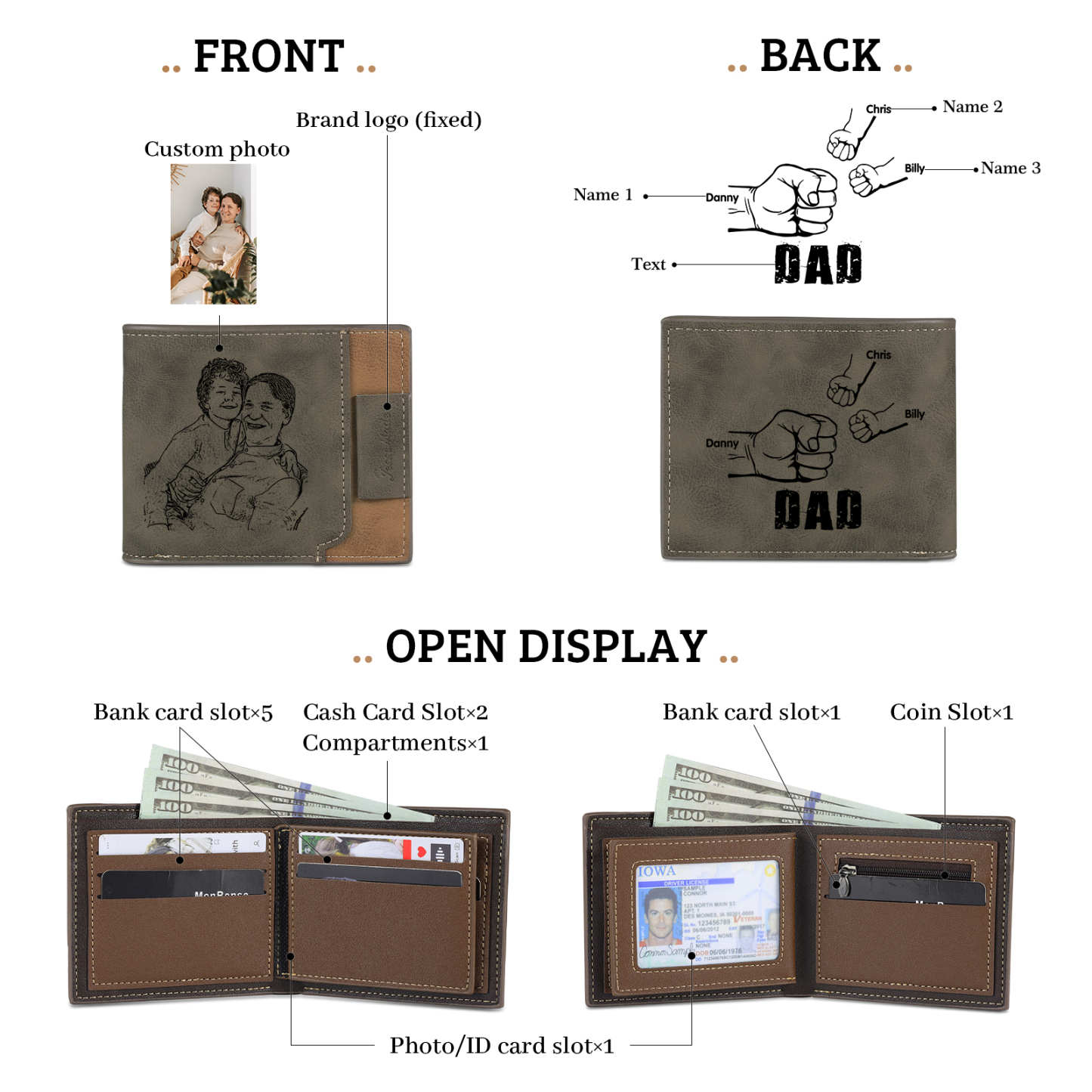 3 Names - Personalised Fist Bump Photo Custom Leather Men's Wallet as a Father's Day Gift for Dad