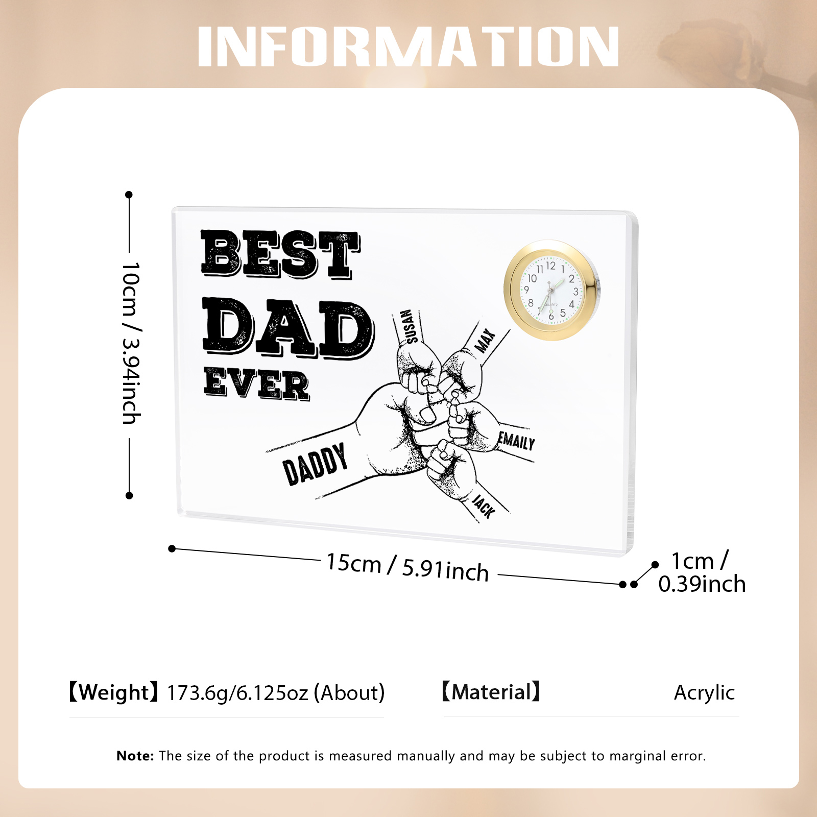 5 Names - Personalised Fist Bump Pattern Custom Name Acrylic Rectangular Clock Ornament Father's Day Gift