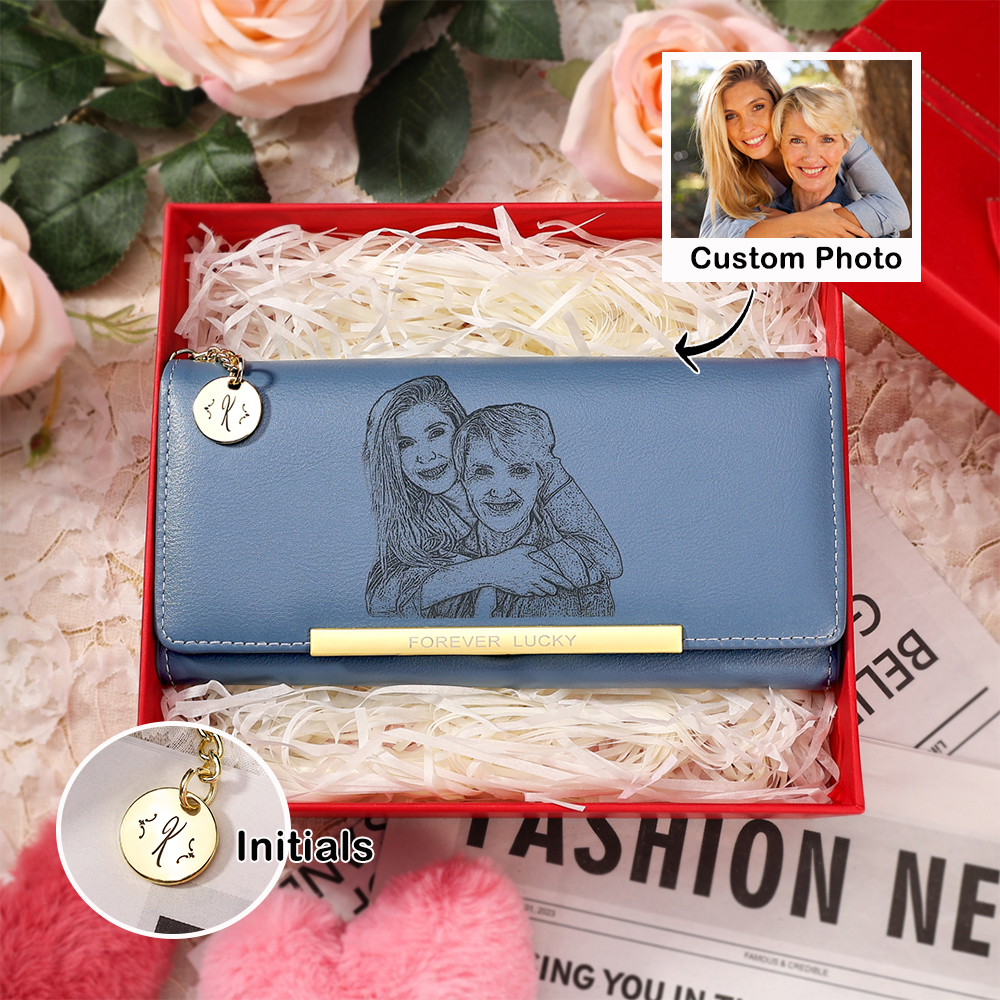 Personalised Women's Wallet with Custom Photo & Letter – PU Leather Purse in Blue & Pink & Yellow Christmas Gift for Nan | Jessemade