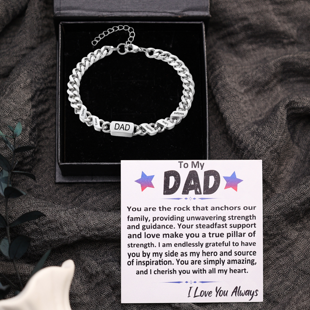 Personalised Cuban Chain Bracelet, Custom Text & 5 Names Engraved Gift for Men | Jessemade