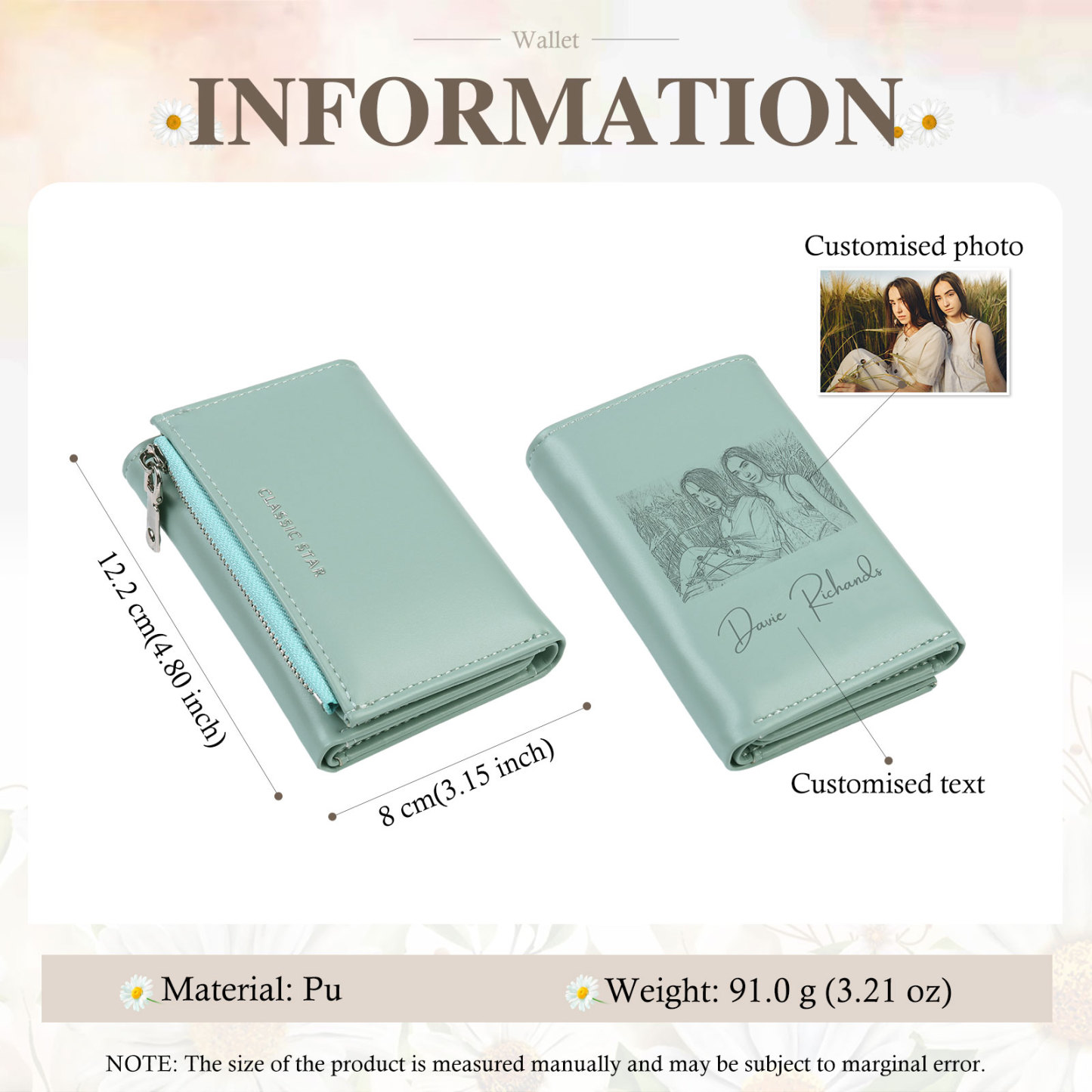 Custom Purse-Personalised Photo Quality Leather Folding Zip Wallet Custom Text Wallet Gift for Her