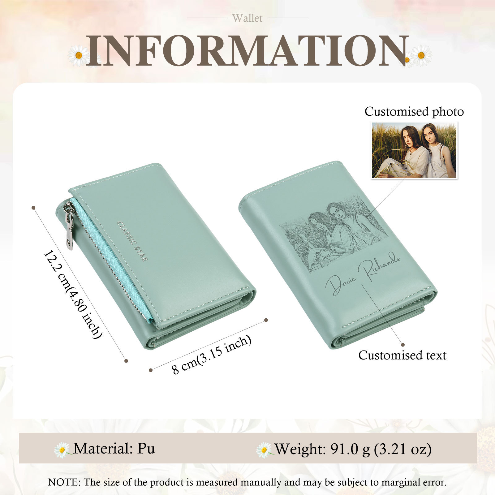 Custom Purse-Personalised Photo Quality Leather Folding Zip Wallet Custom Text Wallet Gift for Her
