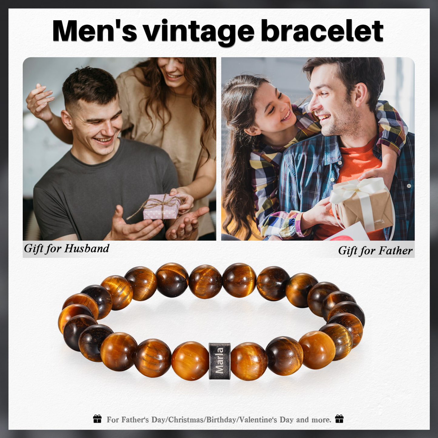 1 Name-Personalised Men Tiger's Eye A Goods Bracelet Engraved With Names, Custom Special Men Name Bracelet