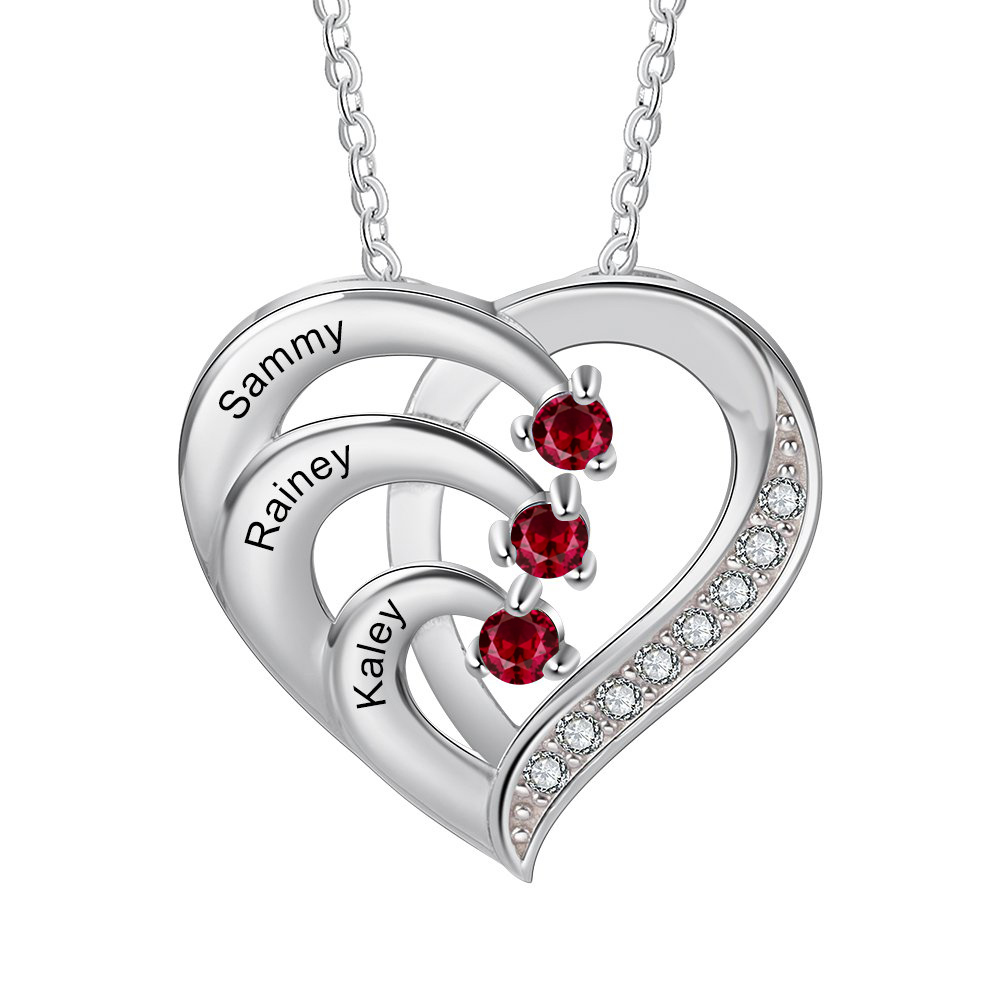 Personalised Mother Necklace 3 Stones Engraved 3 Names Birthstone Intertwined Heart Pendant Gifts for Her
