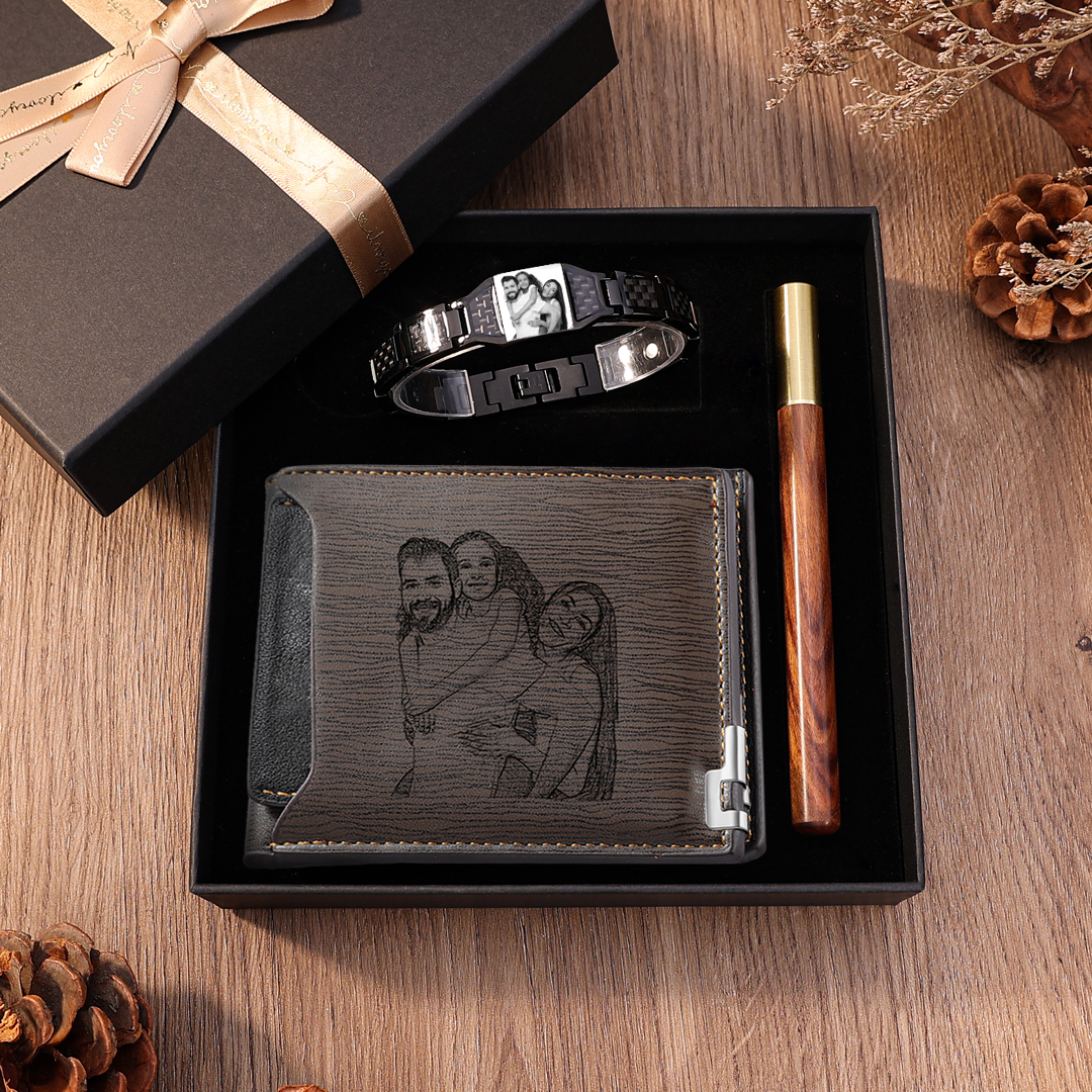 Personalised Photo & 2 Names Gift Set Custom Wallet & Bracelet Gift Box Set Father’s Day Gifts