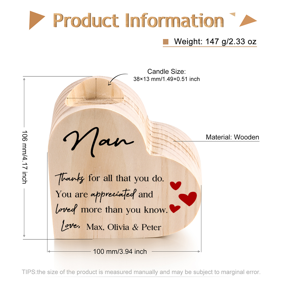 To My Nan Customize Text Candlesticks-Thanks For All That You Do-Heart Wooden Candle Holder from Granddaughter