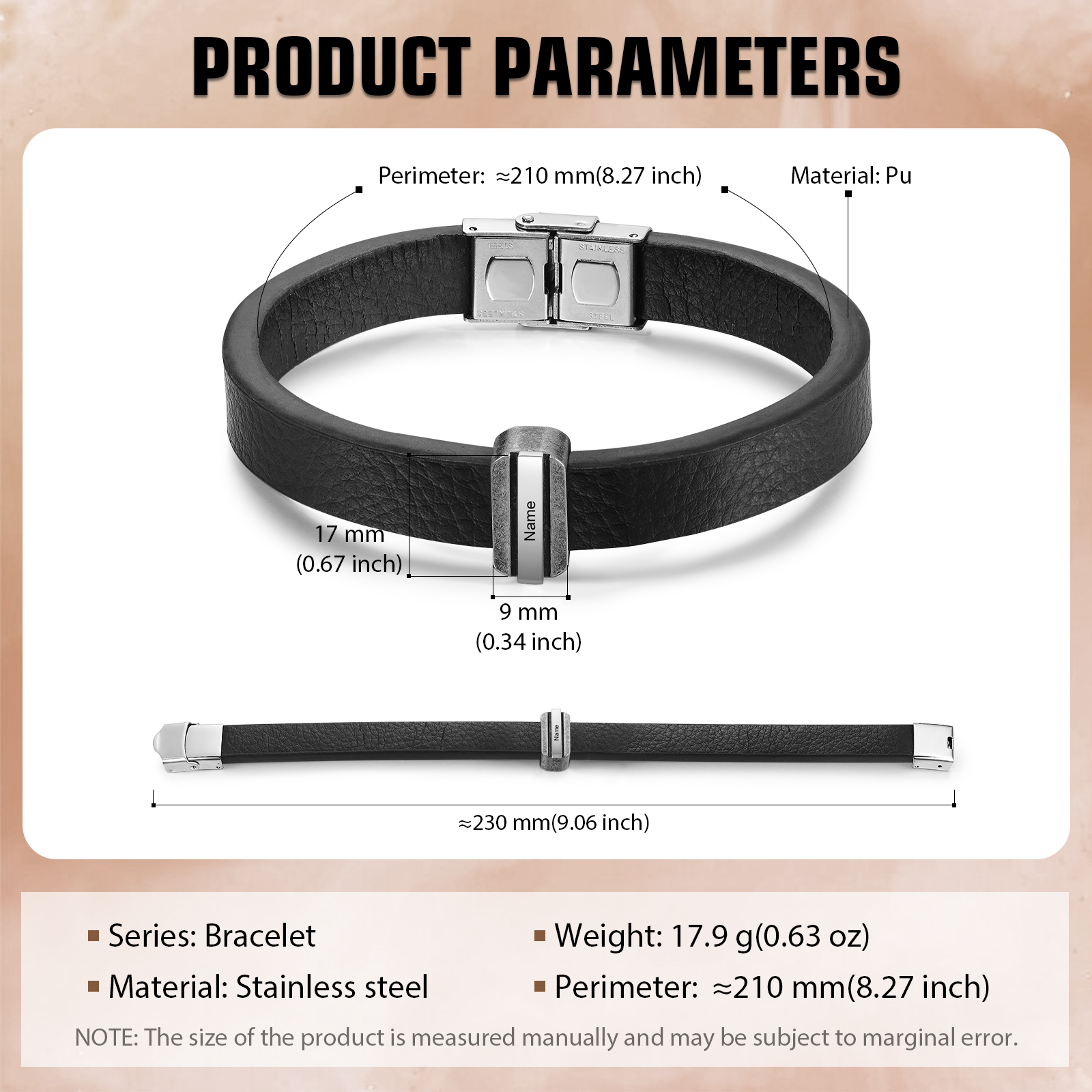 1 Name Personalised Stainless Steel Leather Bracelet Engraved Name Men's Bracelet Gift for Dad