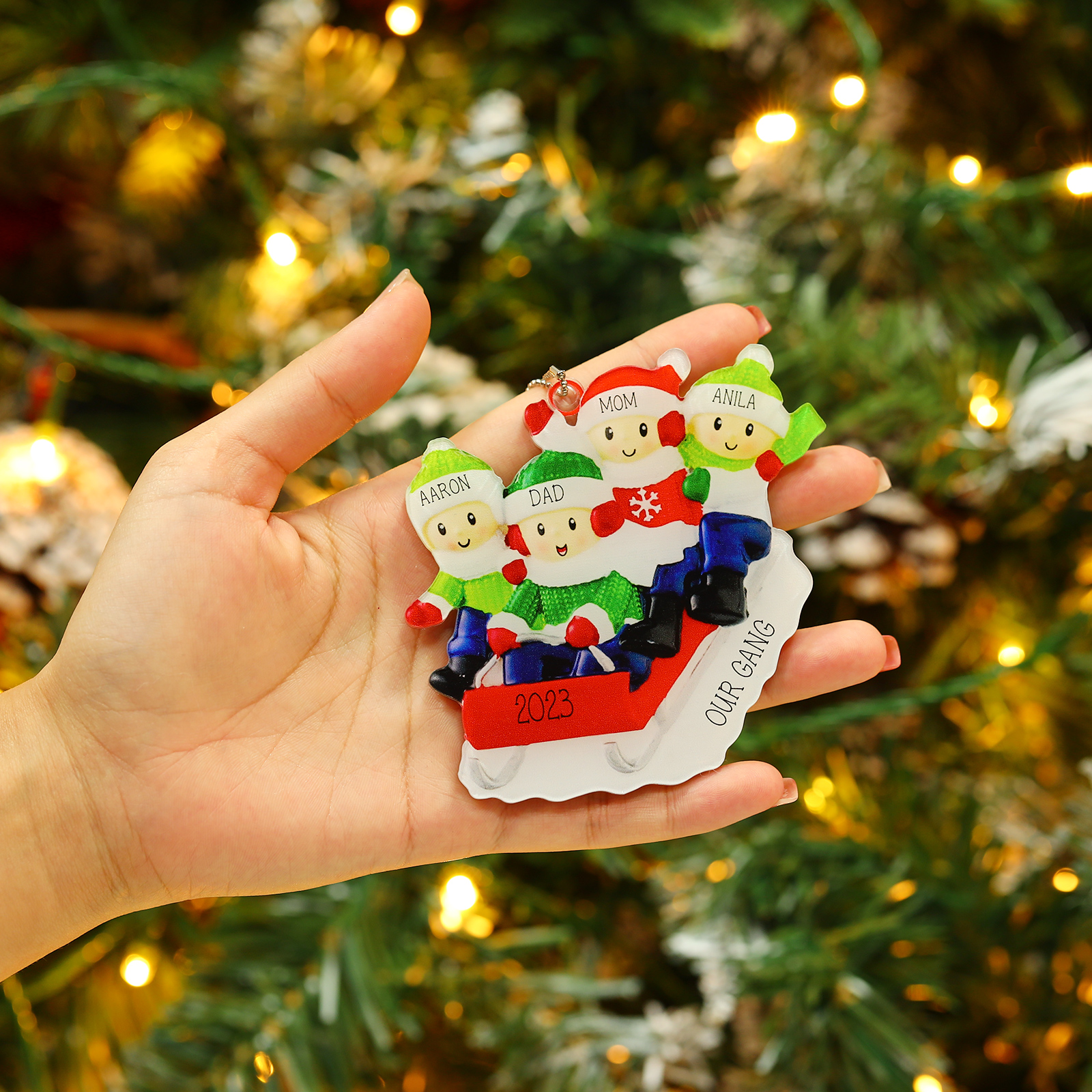 4 Names-Personalised Family Acrylic Christmas Xmas Tree Decoration Ornament-Custom 4 Names And Text Hanging Ornament Gifts For Family