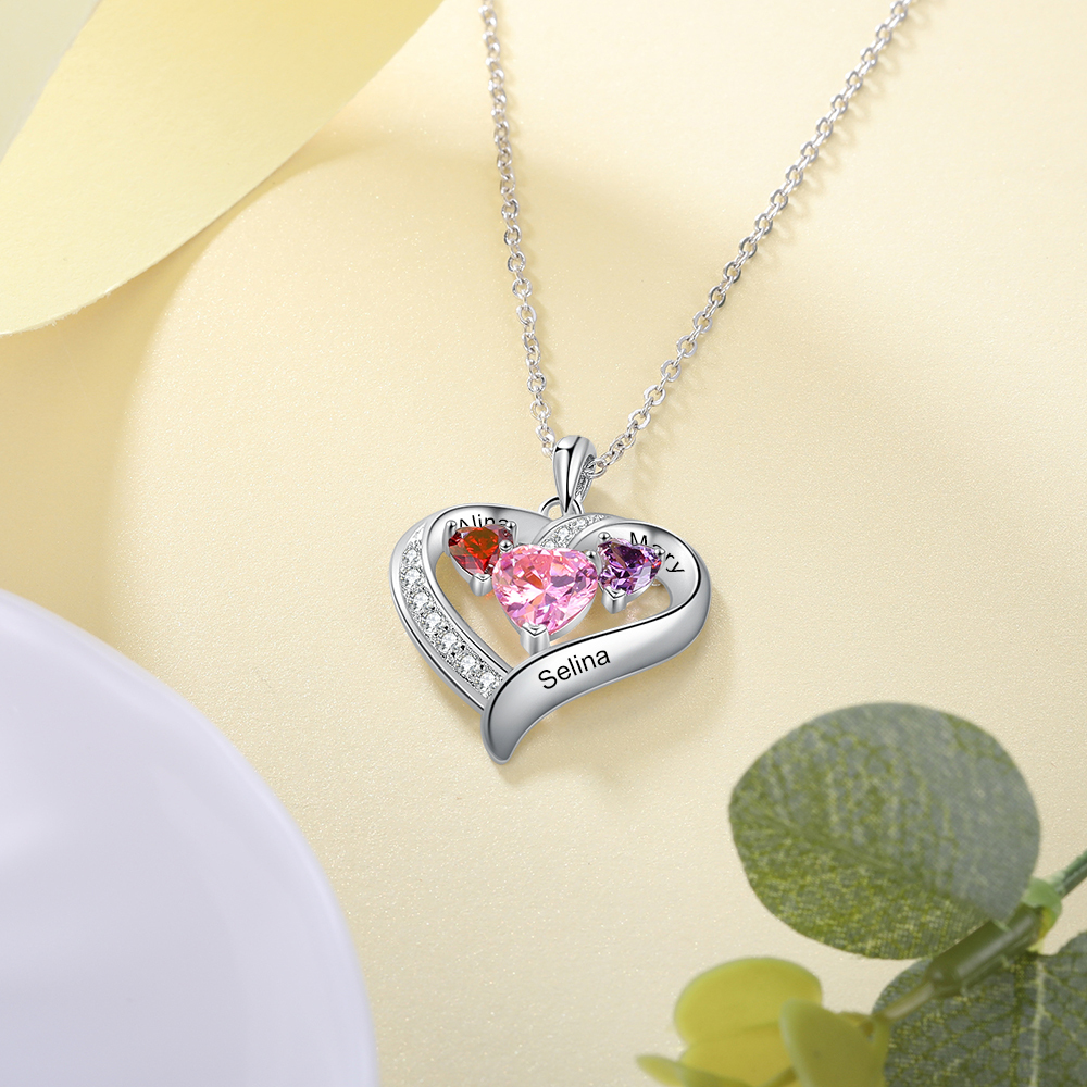 Personalised Heart Necklace With 3 Birthstones Engraved Names Gift For Her