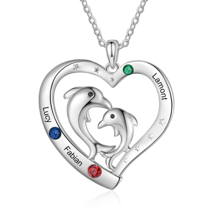 3 Names - Personalised Beautiful Dolphin Heart Necklace with Customized Name and Birthstone Gift for Her