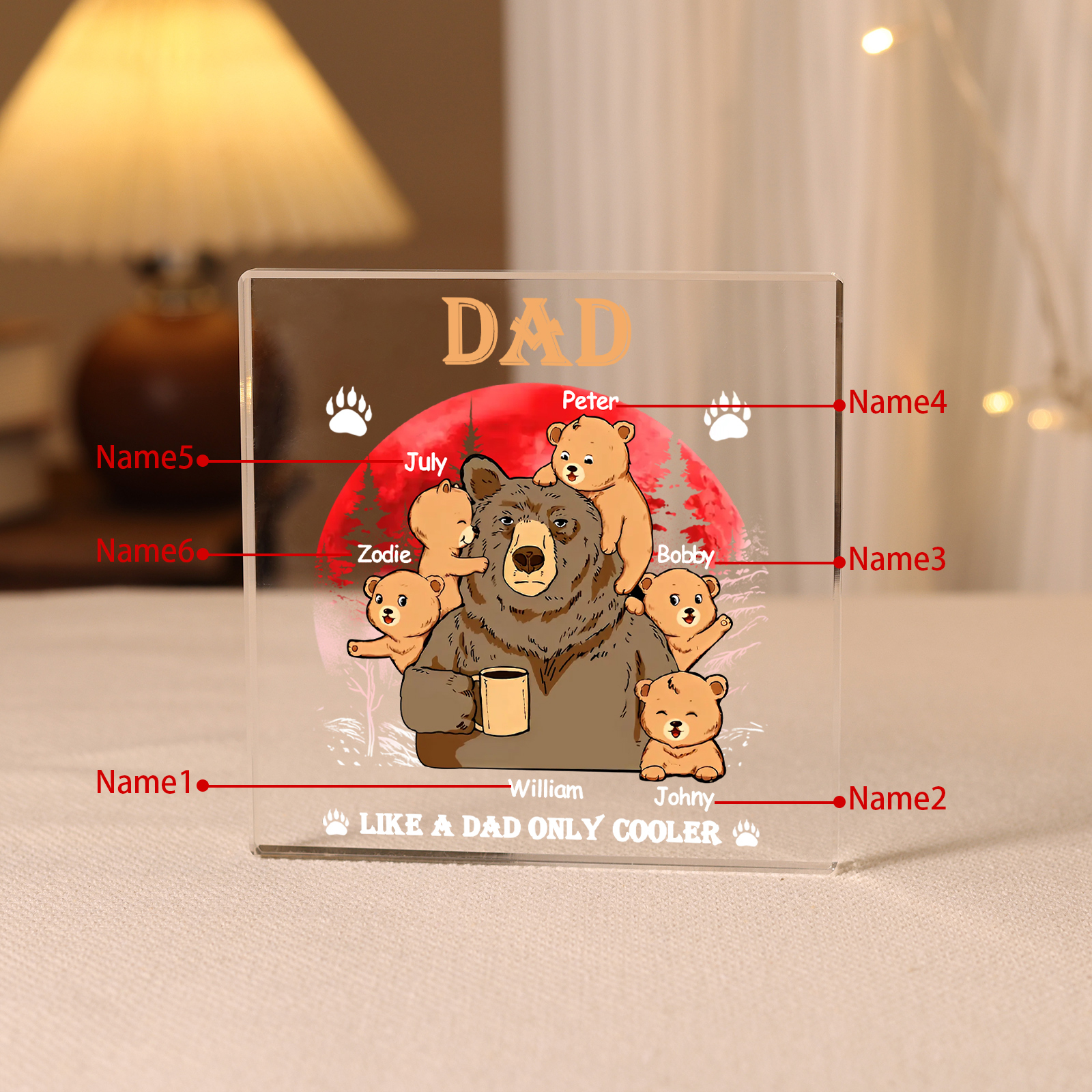 6 Names - Personalised Bear Family Pattern Custom Name Acrylic Square Ornament Father's Day Gift