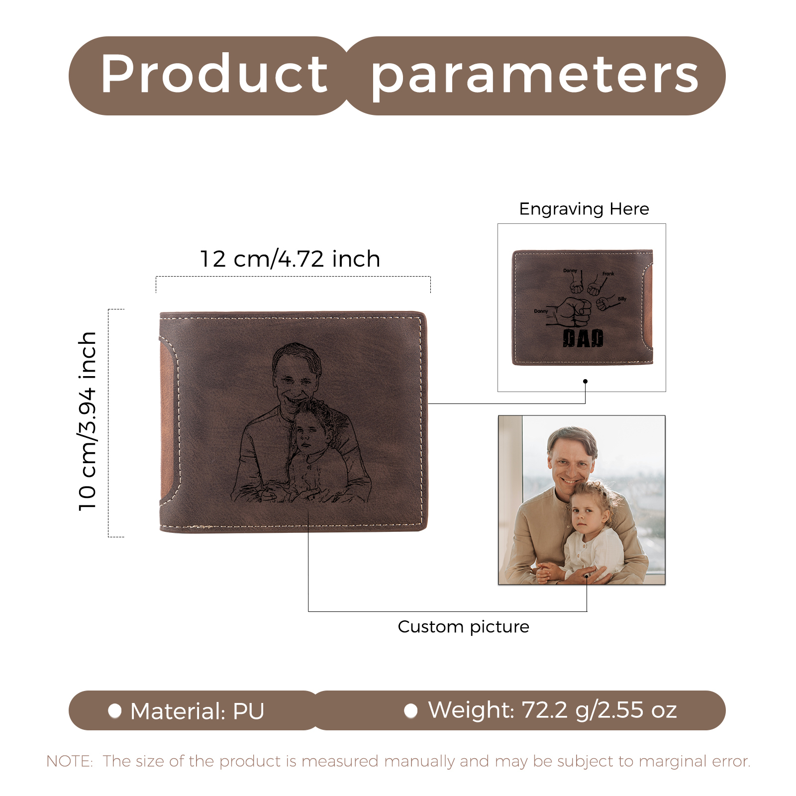 4 Names - Personalised Photo Custom Leather Men's Folding Wallet as a Father's Day Gift for Dad
