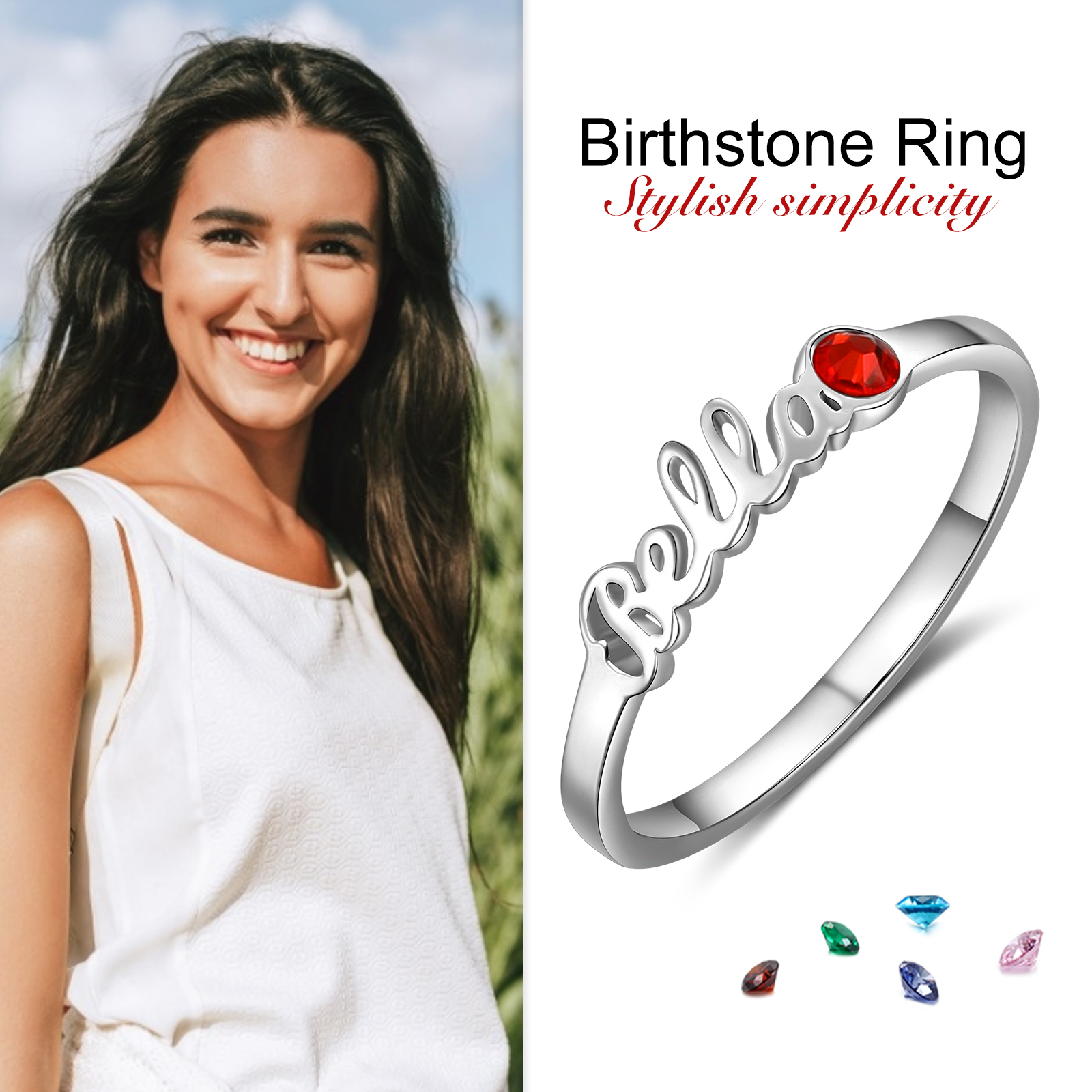 Personalised Birthstone Ring Custom 1 Name Ring Best Gift For Women