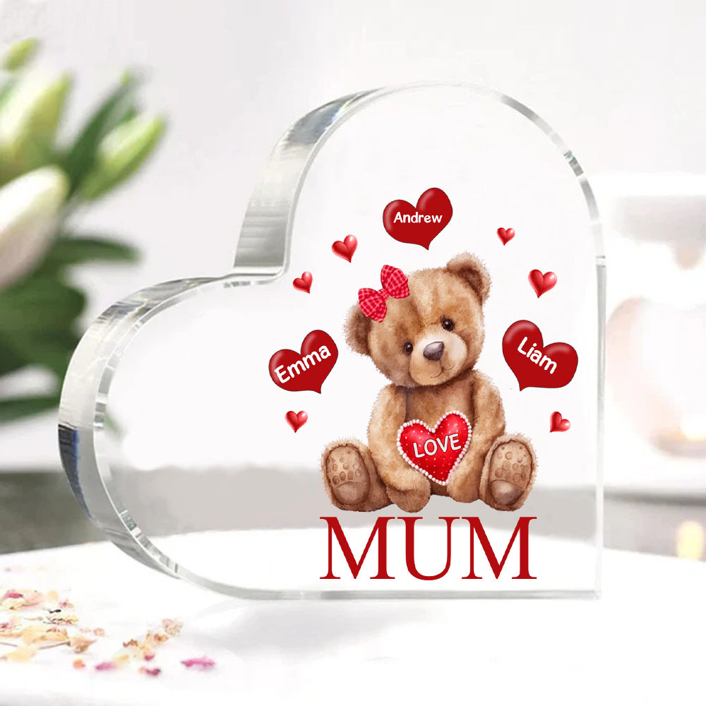 3 Names-Personalised Mum Acrylic Heart Keepsake Custom Text Love Teddy Bear Ornaments Gifts Set With Gift Box for Grandma/Mother