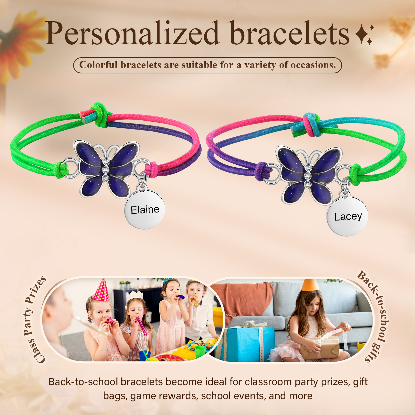 2 Pcs Personalized Name Color Changing Bracelets Cute Cartoon Animal Butterfly Stretch Bracelet Set Back to School Gift for Girls