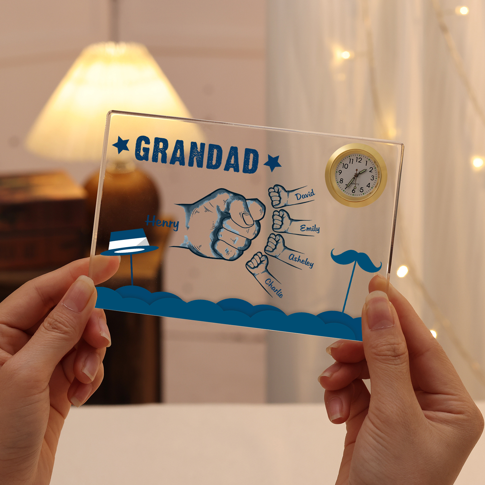 5 Names - Personalised Fist Bump Custom Name Acrylic Clock Ornament Father's Day Gift for Dad