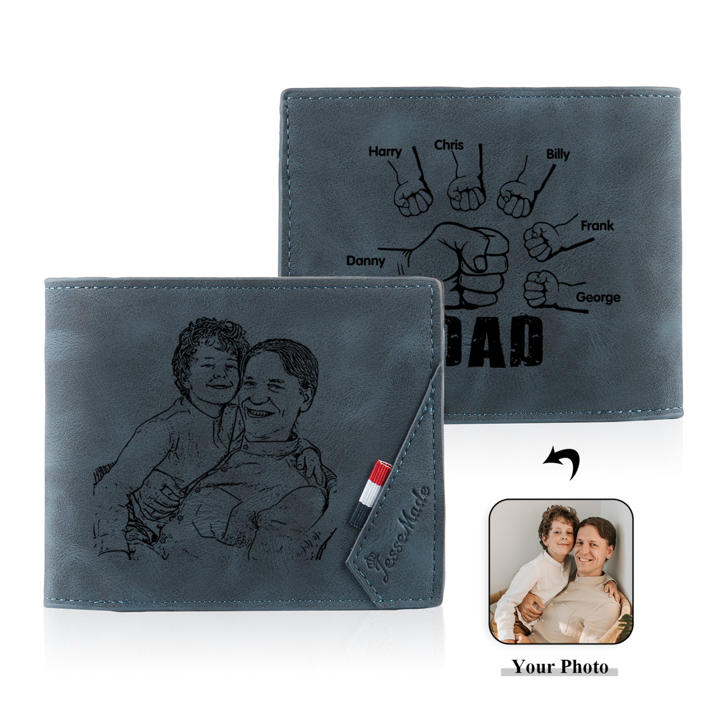 6 Names - Personalised Photo Custom Leather Men's Wallet as a Father's Day Gift for Dad