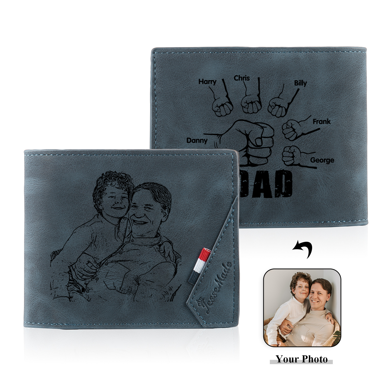 6 Names - Personalised Photo Custom Leather Men's Wallet as a Father's Day Gift for Dad