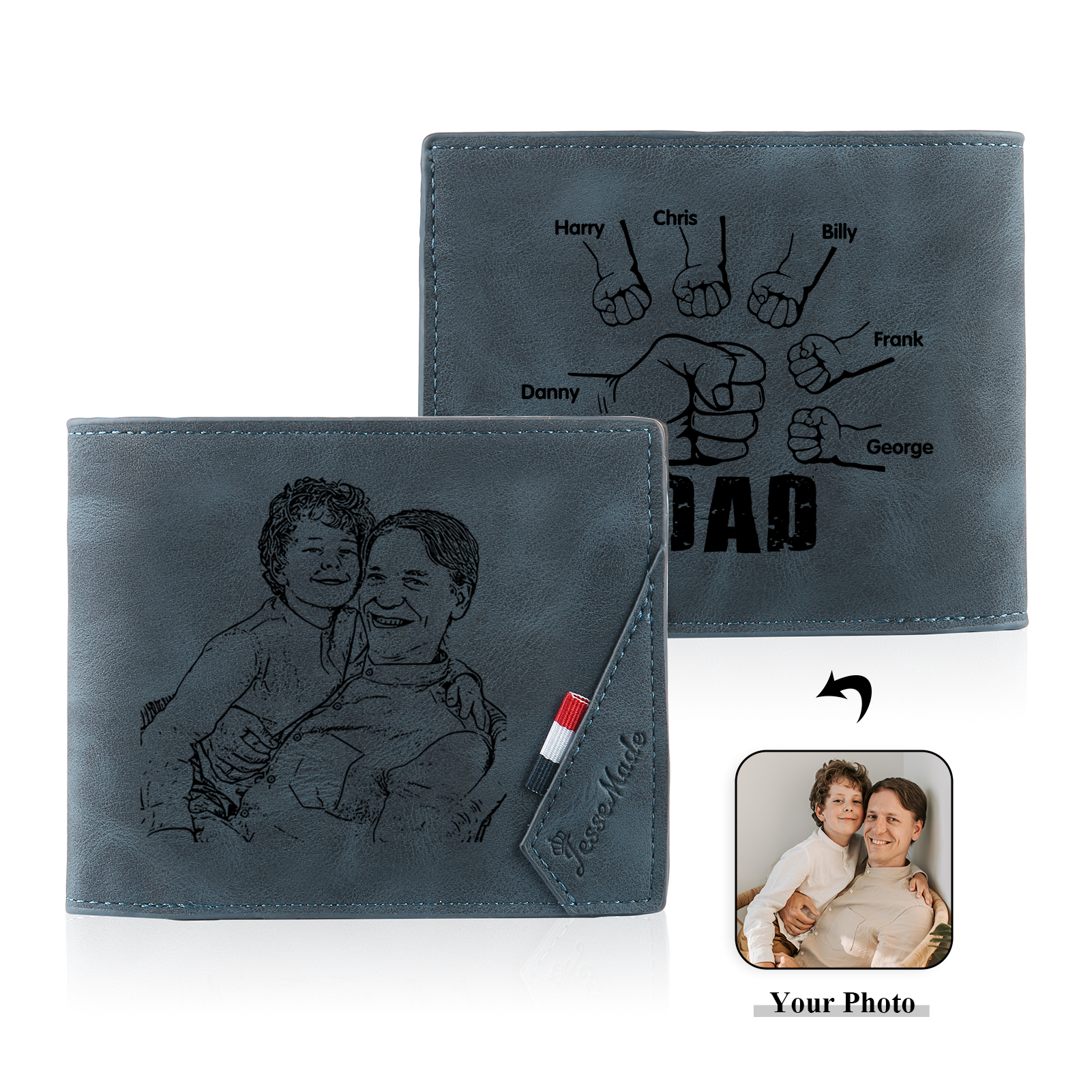 6 Names - Personalised Fist Bump Photo Custom Leather Men's  Wallet as a Father's Day Gift for Dad
