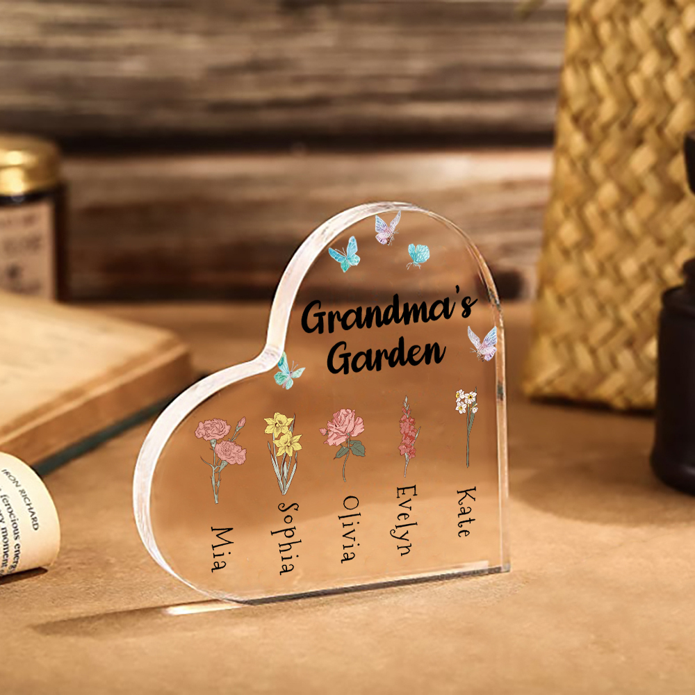 2 Names-Personalised Grandma's Garden Acrylic Customize Birthday Flowers Ornament Gifts-Special Heart Keepsake Desktop Ornament for Grandma