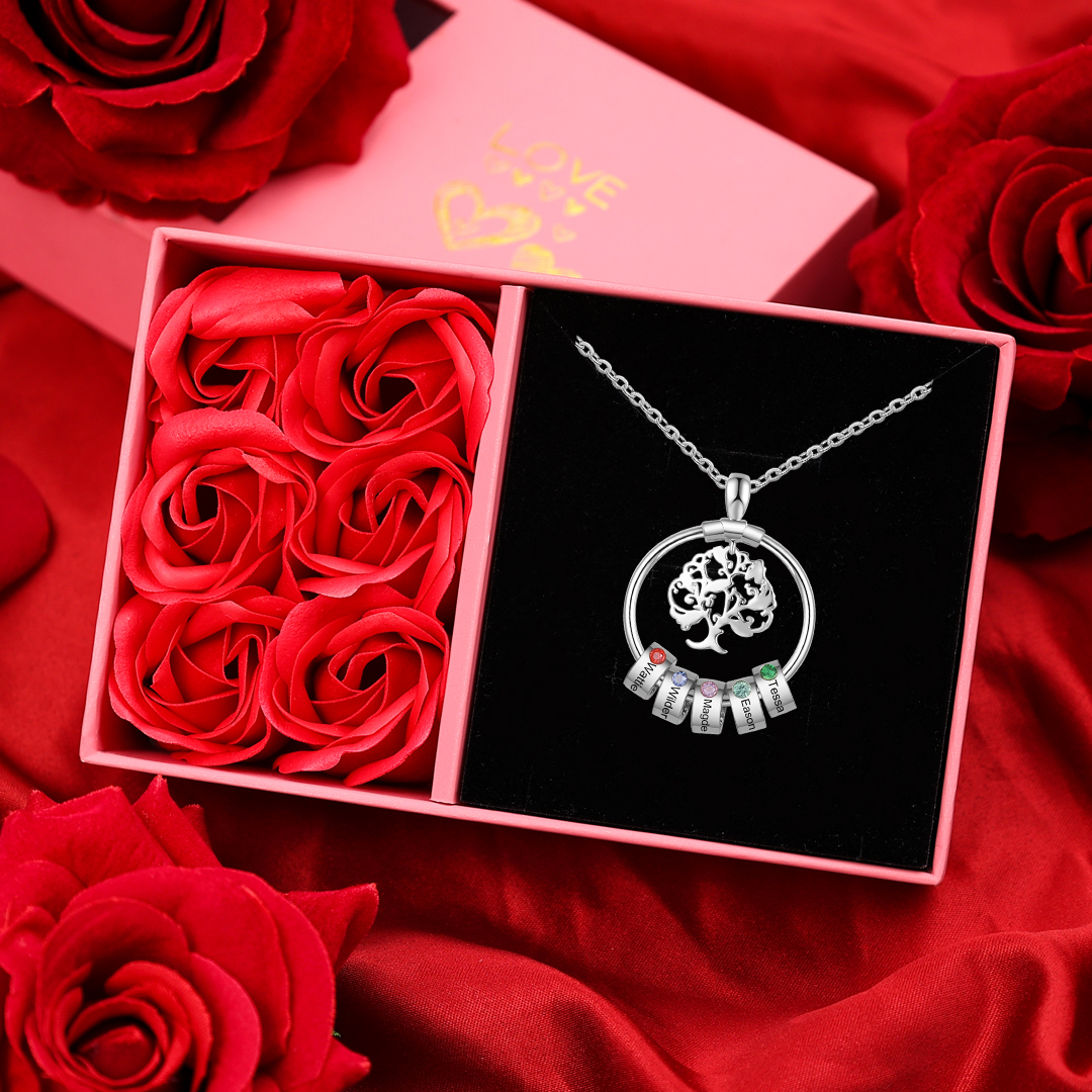5 Names-Personalised Family Tree Necklace With 5 Birthstones Engraved Names Gift For Her