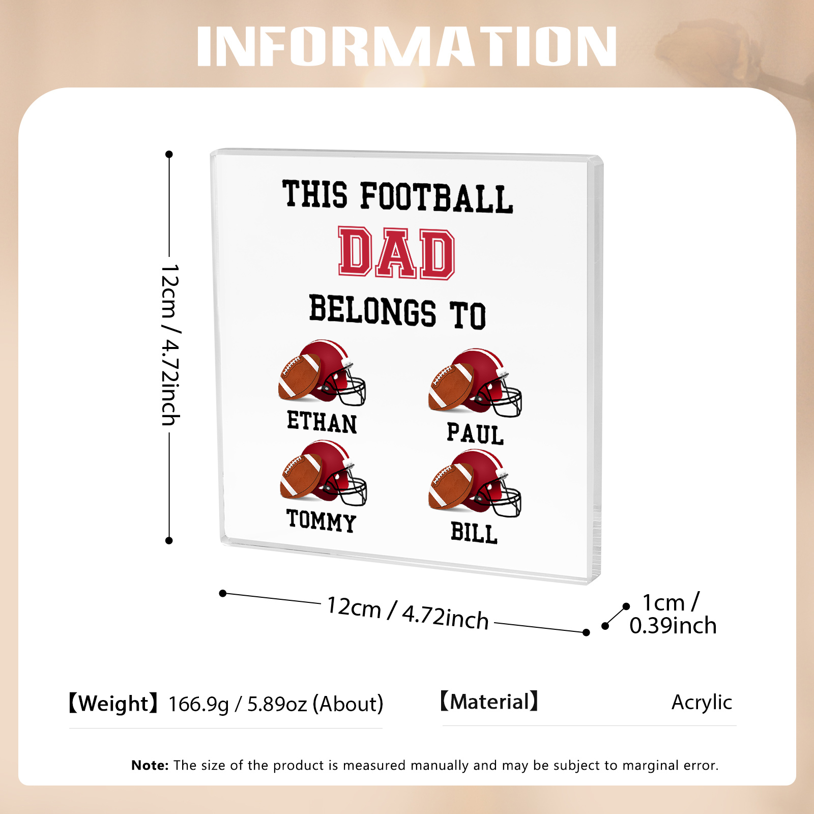 4 Names -Personalised Football Acrylic Keepsake Customized Name Acrylic Plaque Ornament Father's Day Gift for Dad