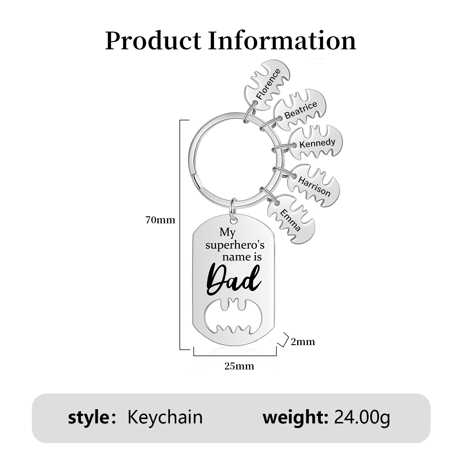5 Names -Personalised Bat Keyring Father Keyring Gifts for Batman Dad - My Superhero's Name Is Dad